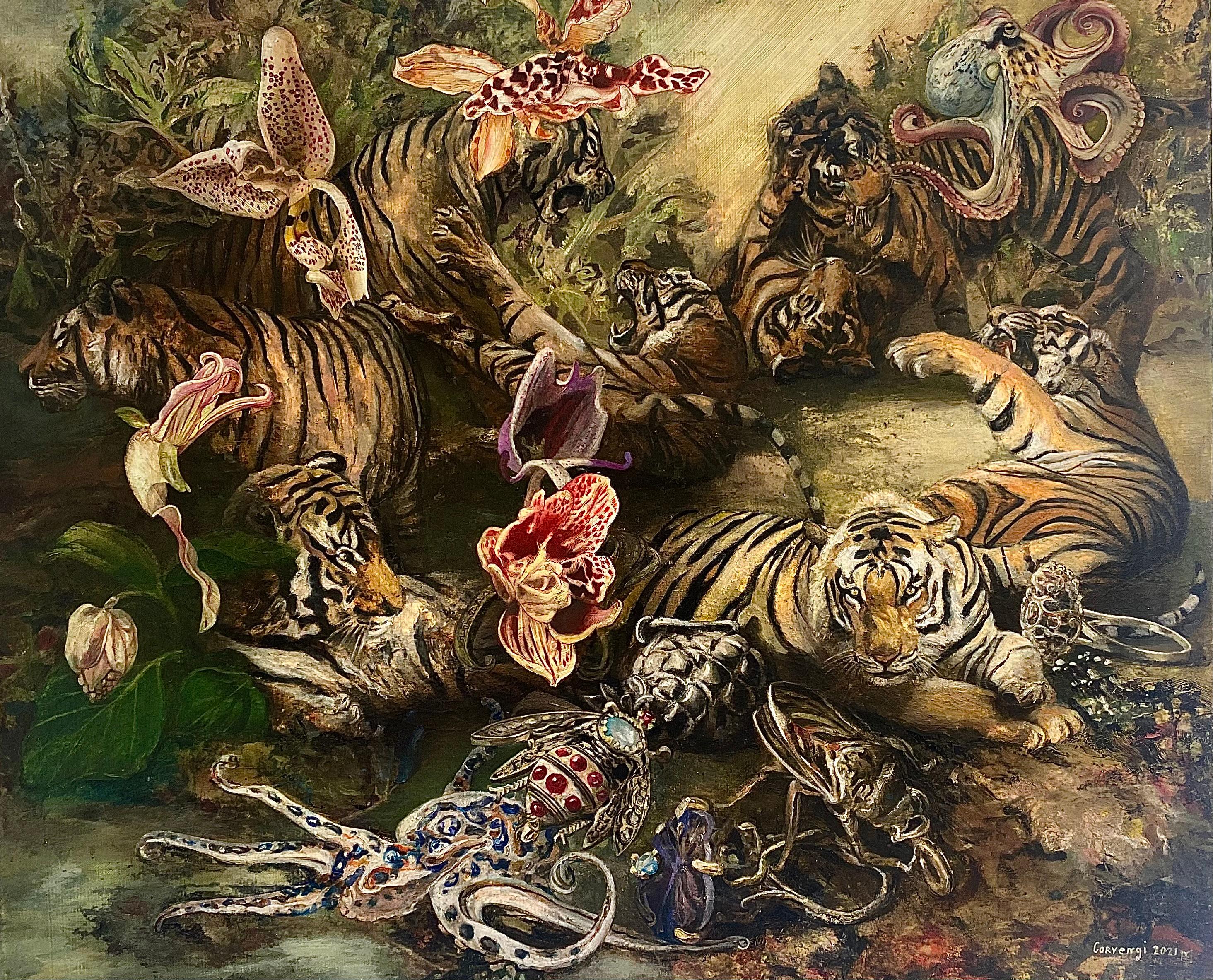 Tigers - 21st Century, Contemporary, Figurative Painting, Oil, Canvas, Animals
