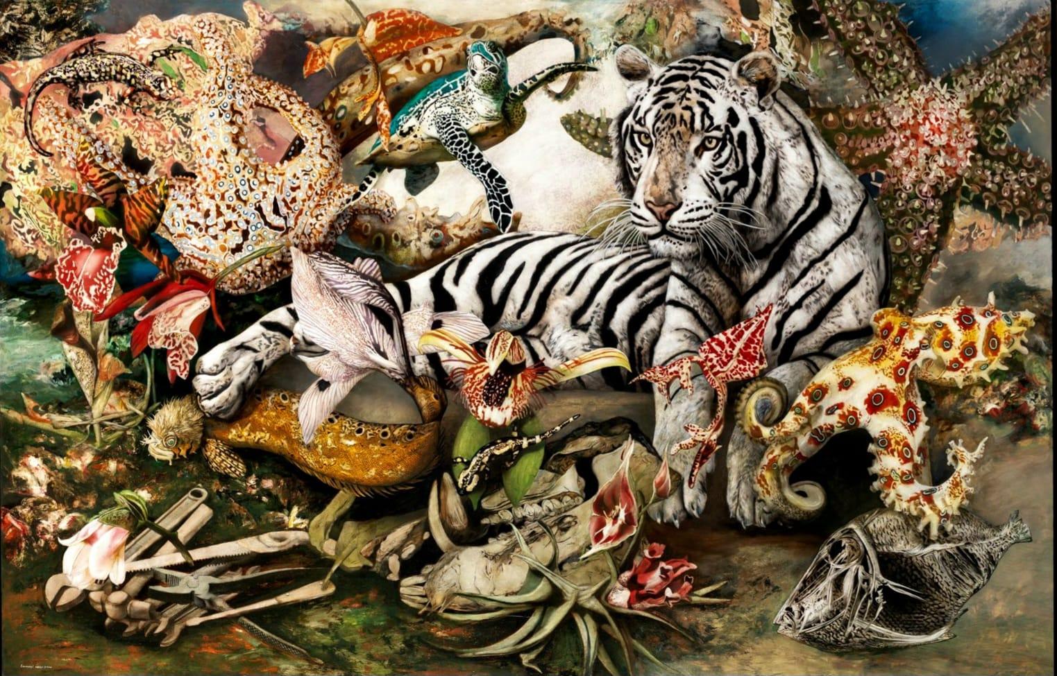 Corvengi Animal Painting - White Tiger Opera - 21st Century, Contemporary, Figurative Oil Painting