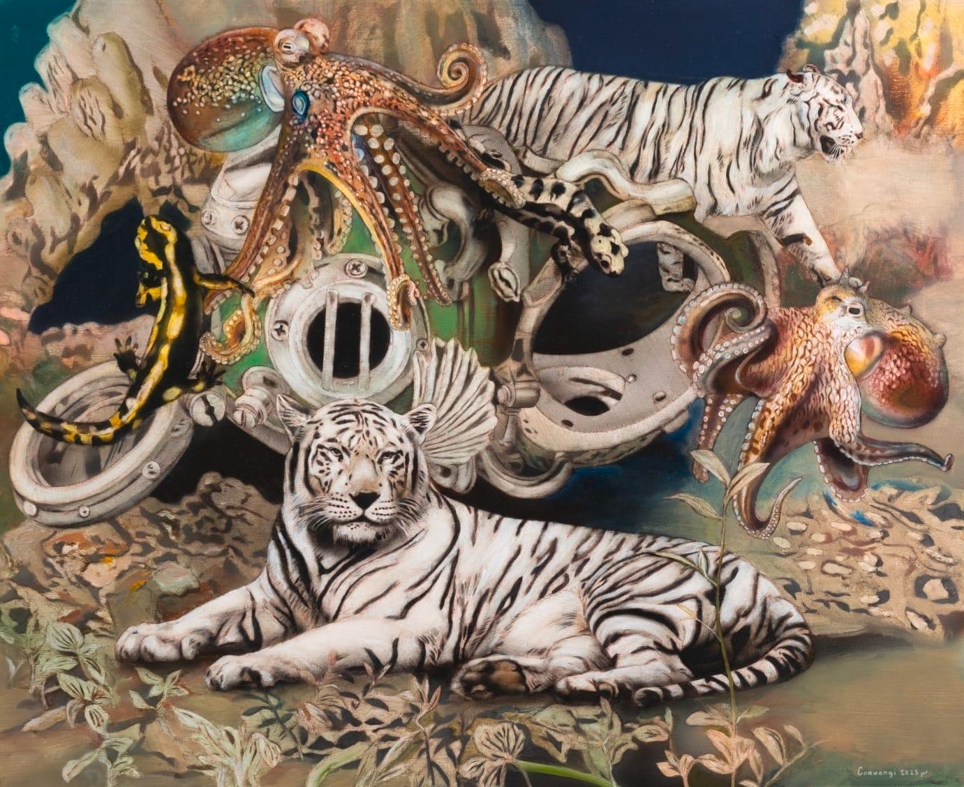 Weiße Tiger und Kraken - 21. Jahrhundert, Zeitgenössisch, Figuratives Ölgemälde