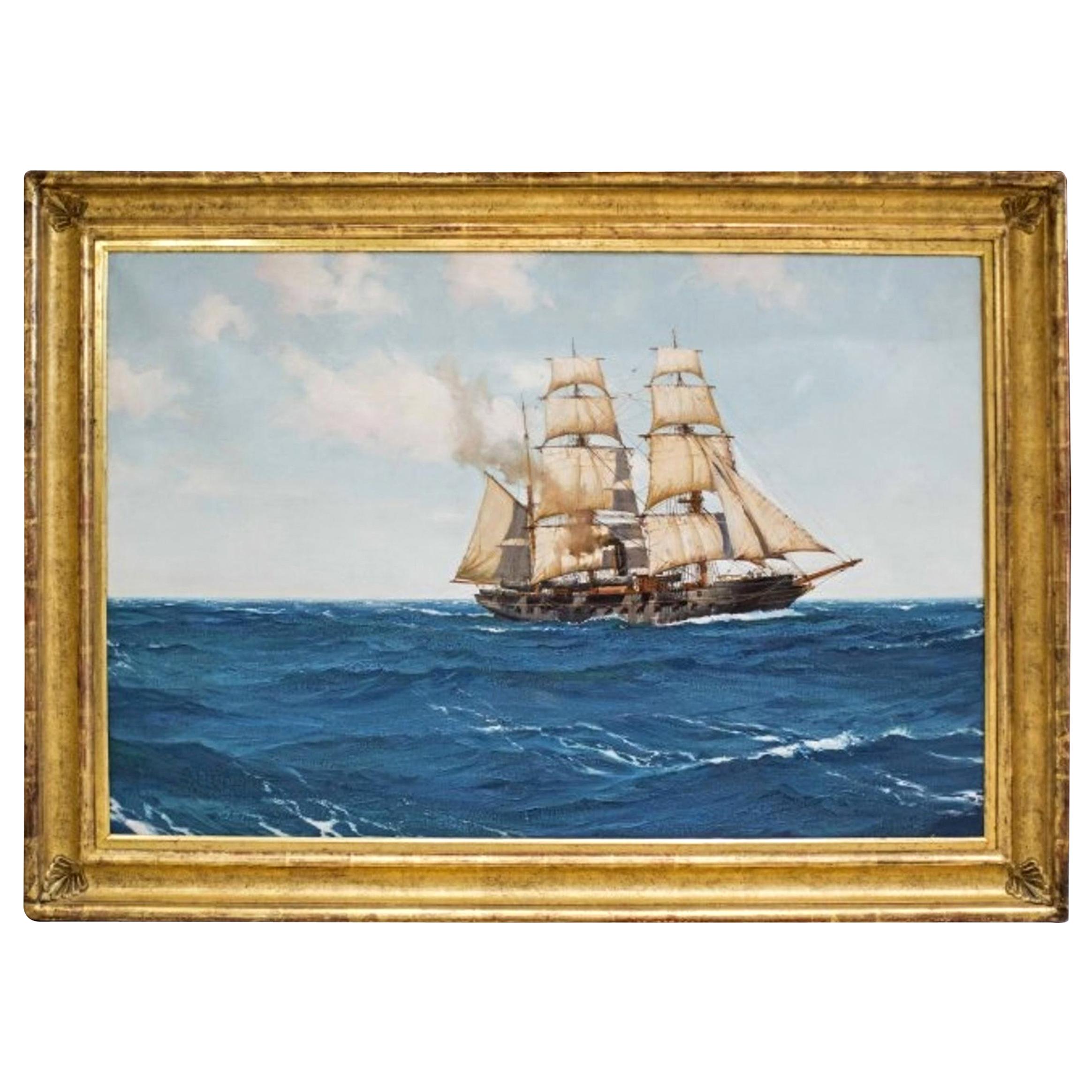 Corvette Dupleix in Open Ocean, Signed Montague Dawson l/l Oil on Canvas