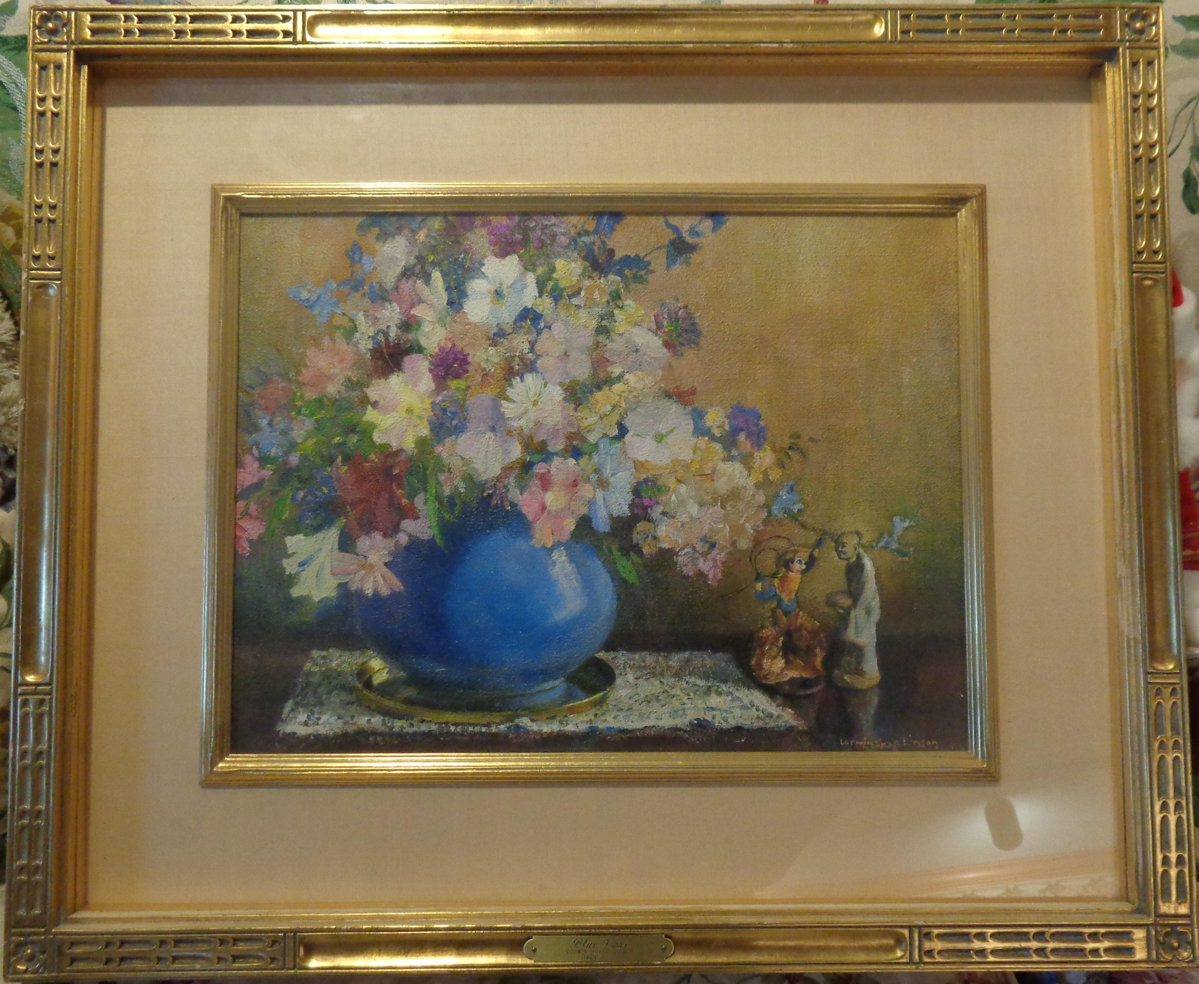  Blue Vase
oil/board
12 x 16 unframed, 20 x 24 framed
Here is a gorgeous still life by Salmagundi Club artist Corwin Knapp Linson from SC, 1864-1959. There is a Salmagandi Club label verso, see pic, and it is handsomely framed under glass as