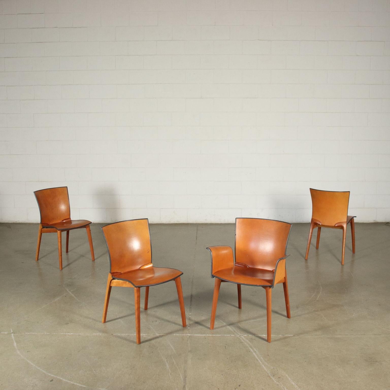 Set of four chairs in beech wood and leather from the 90's, one with arms, Cos model by Cassina.