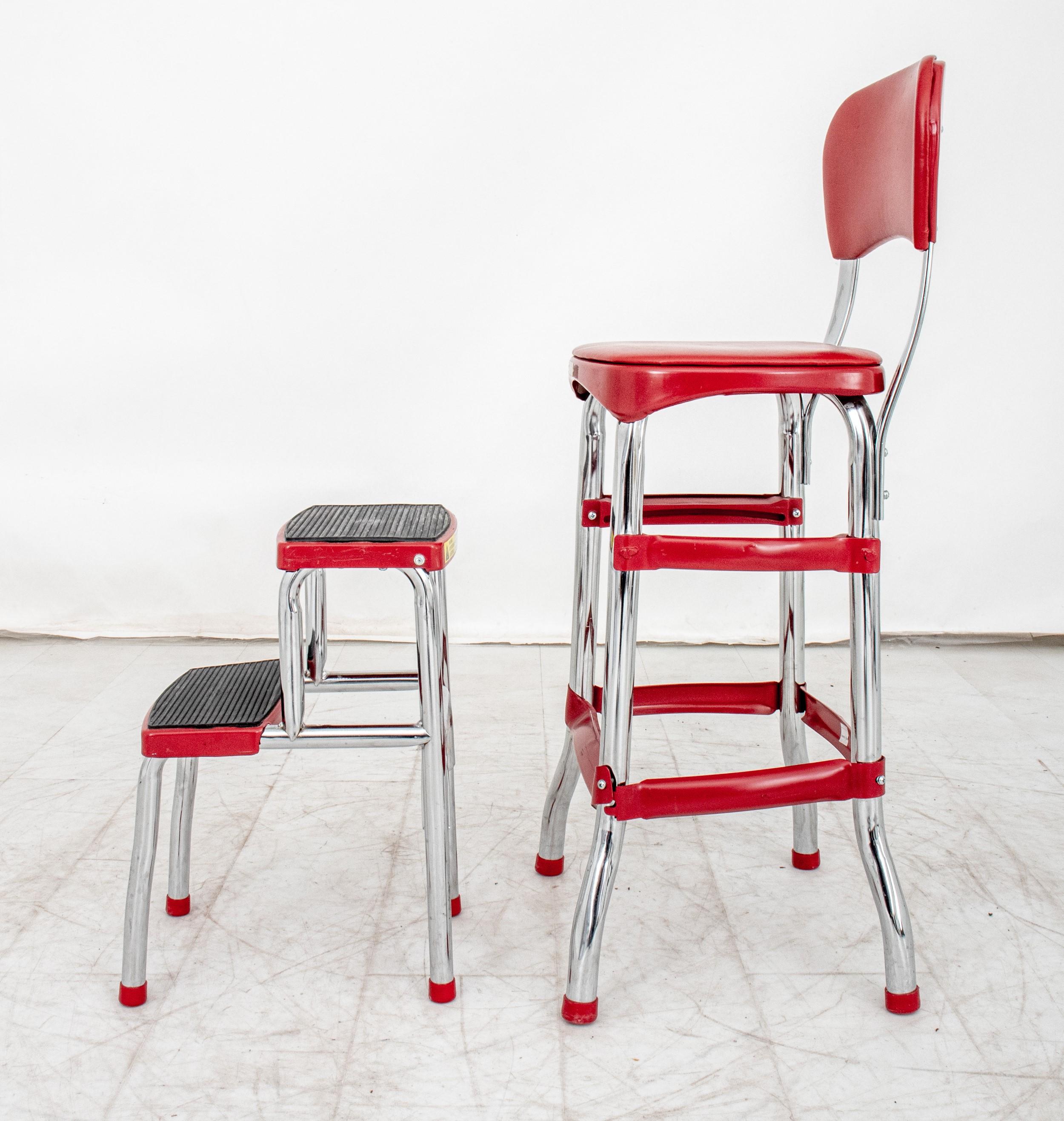 Cosco Retro Red Kitchen Step Chair. Here's the information:

Brand: Cosco
Style: Retro
Color: Red
Construction Material: Chromed metal legs
Features:
Kitchen Step Chair design
Marked to reverse, indicating a manufacturer's mark or