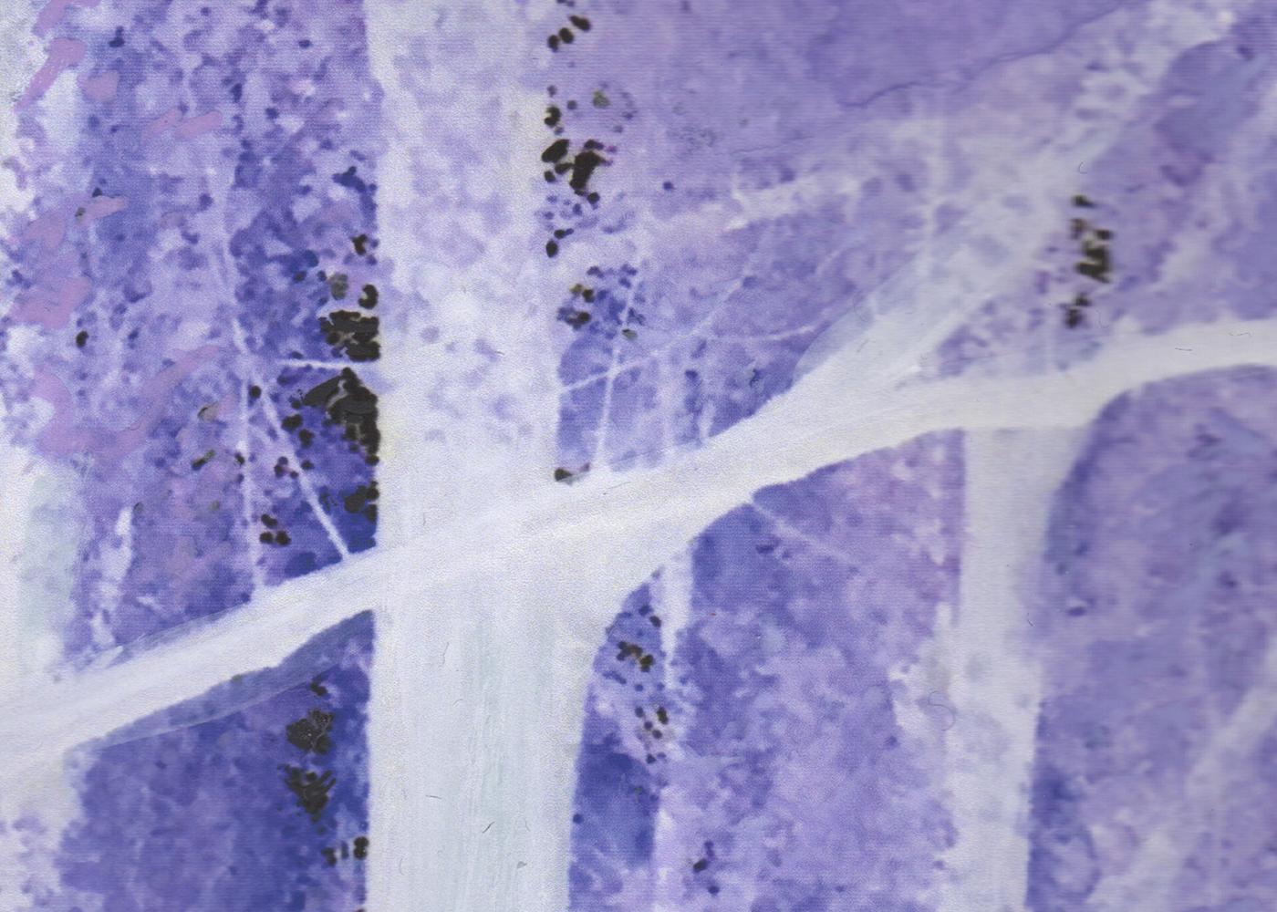 A Forest (series) painting on print on paper in pink and purple For Sale 1