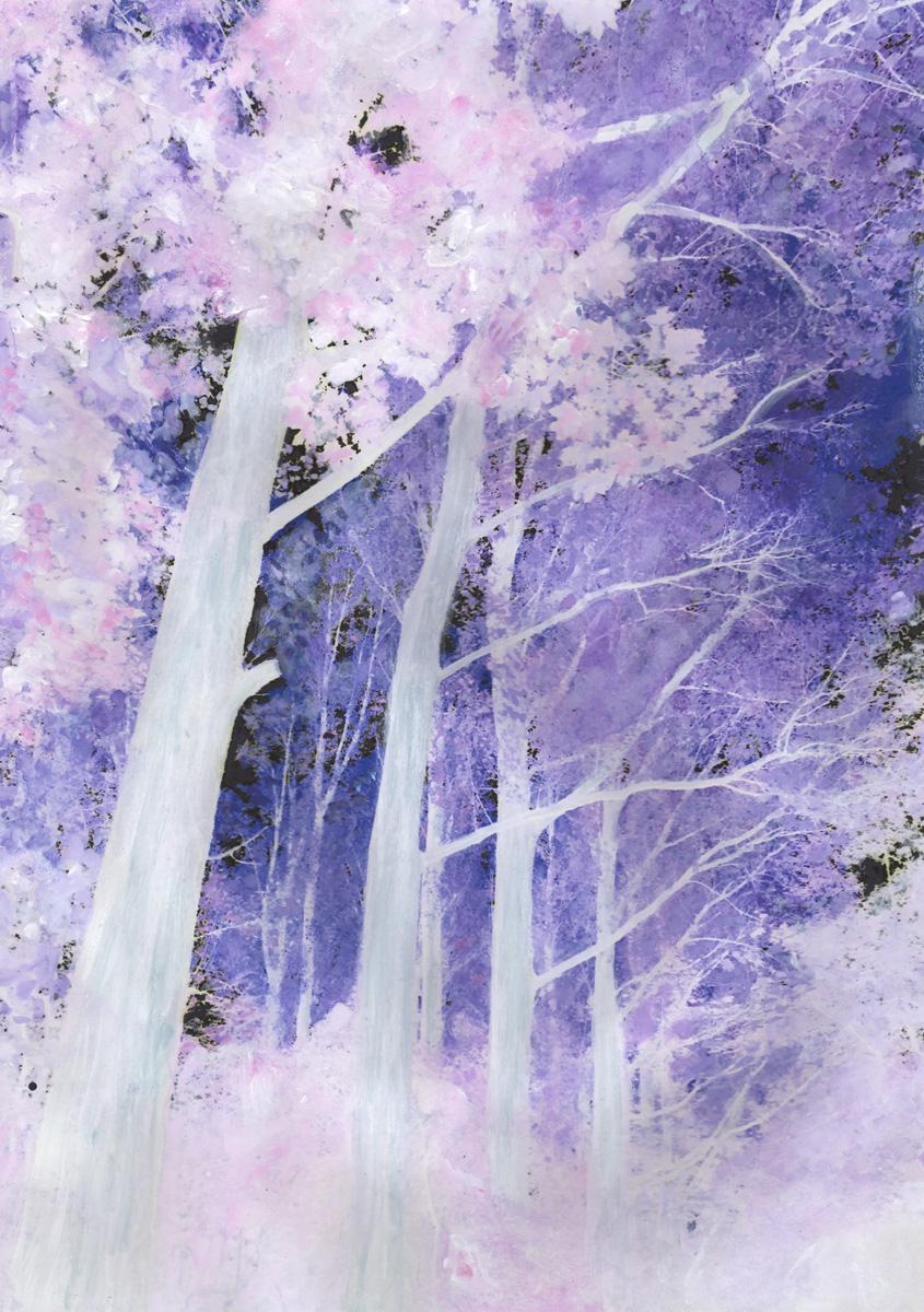 Cosima Hawemann Landscape Painting - A Forest (series) painting on print on paper in pink and purple