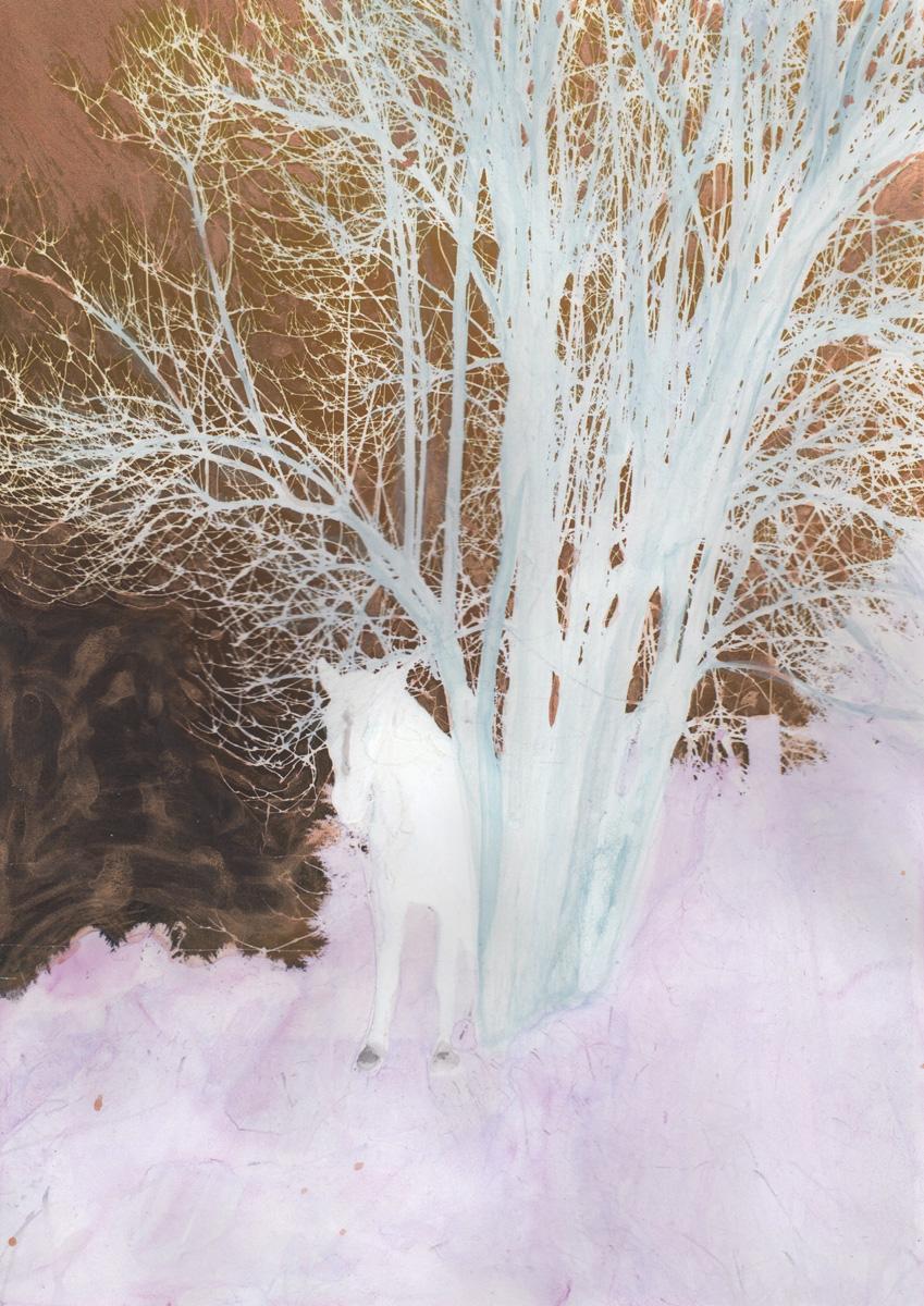 Cosima Hawemann Landscape Print - A Forest (series) with horse, painting on print on paper, pink and bronze