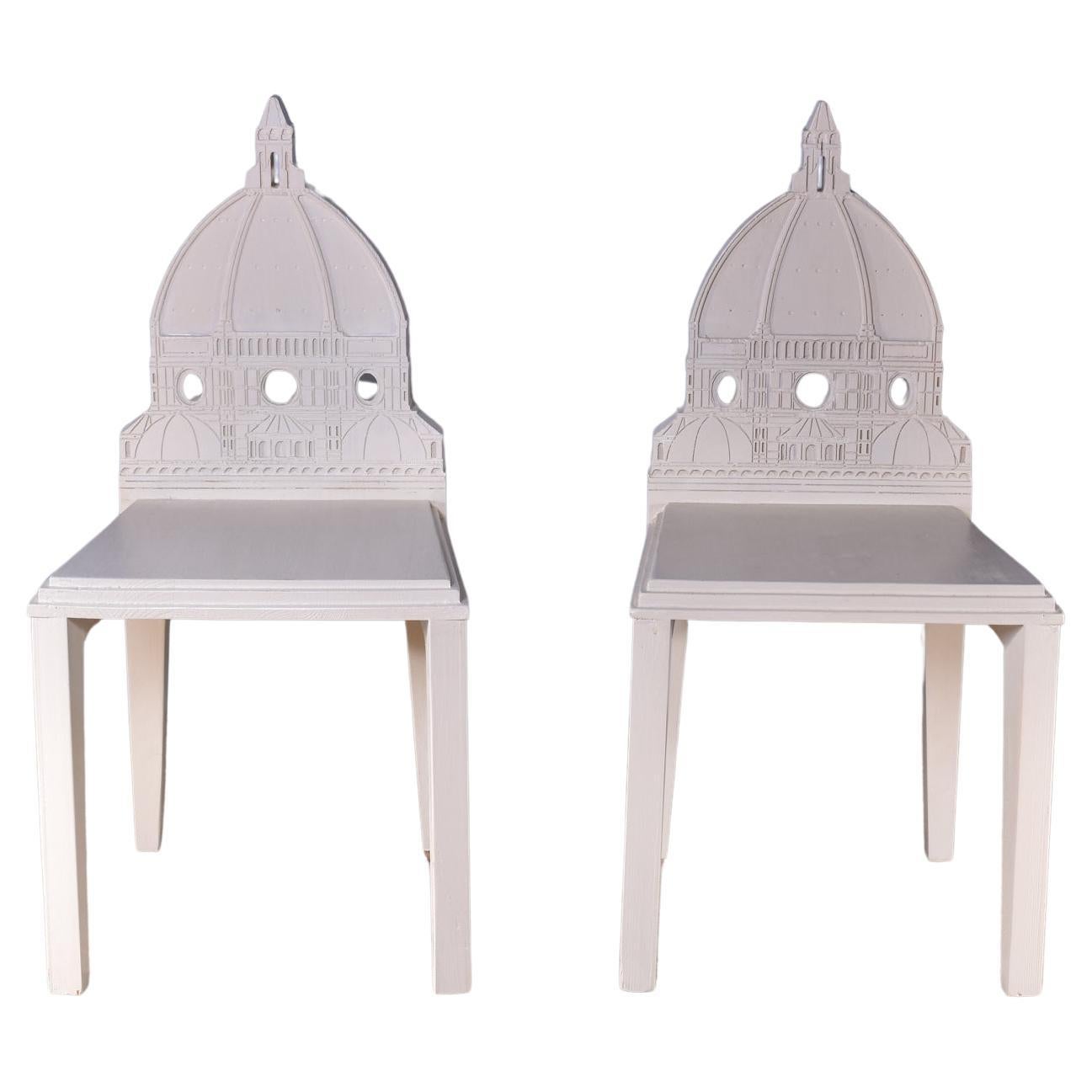 A wonderful pair of Santa Maria Duomo chairs by the Italian designer Cosimo De Vita.

The chairs are hand crafted in Florence from solid Fir wood and finished in a cream paint.

Both chairs are signed and dated by Cosimo De Vita.

Available in any