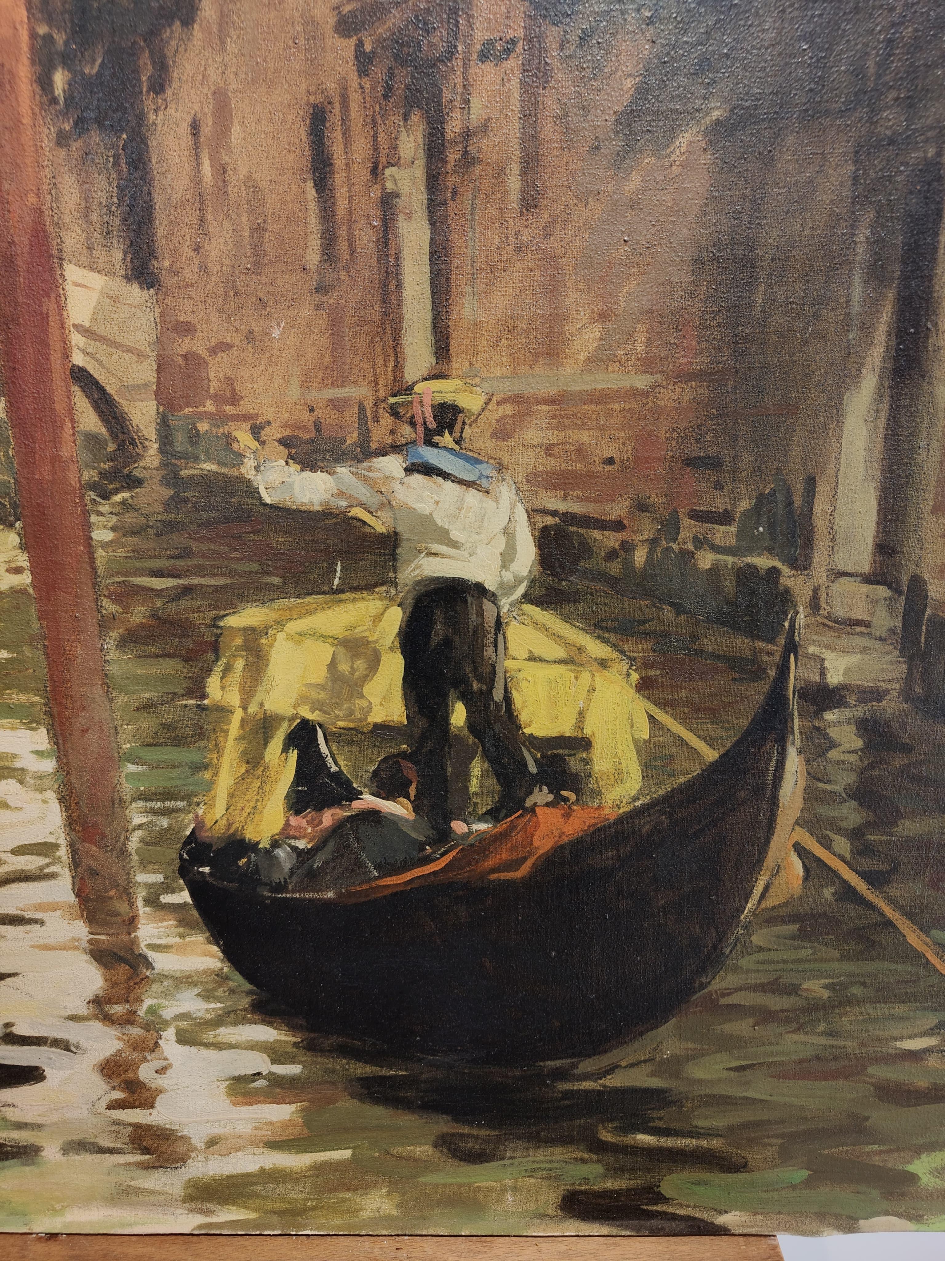 Olio su tela, di misure 100x70 cm, dipinto da Cosimo Privato intorno agli anni ’30. L’opera raffigura una veduta di un canale veneziano con gondoliere.
Cosimo Privato è un artista di fama internazionale e ha partecipato molte volte alla Biennale