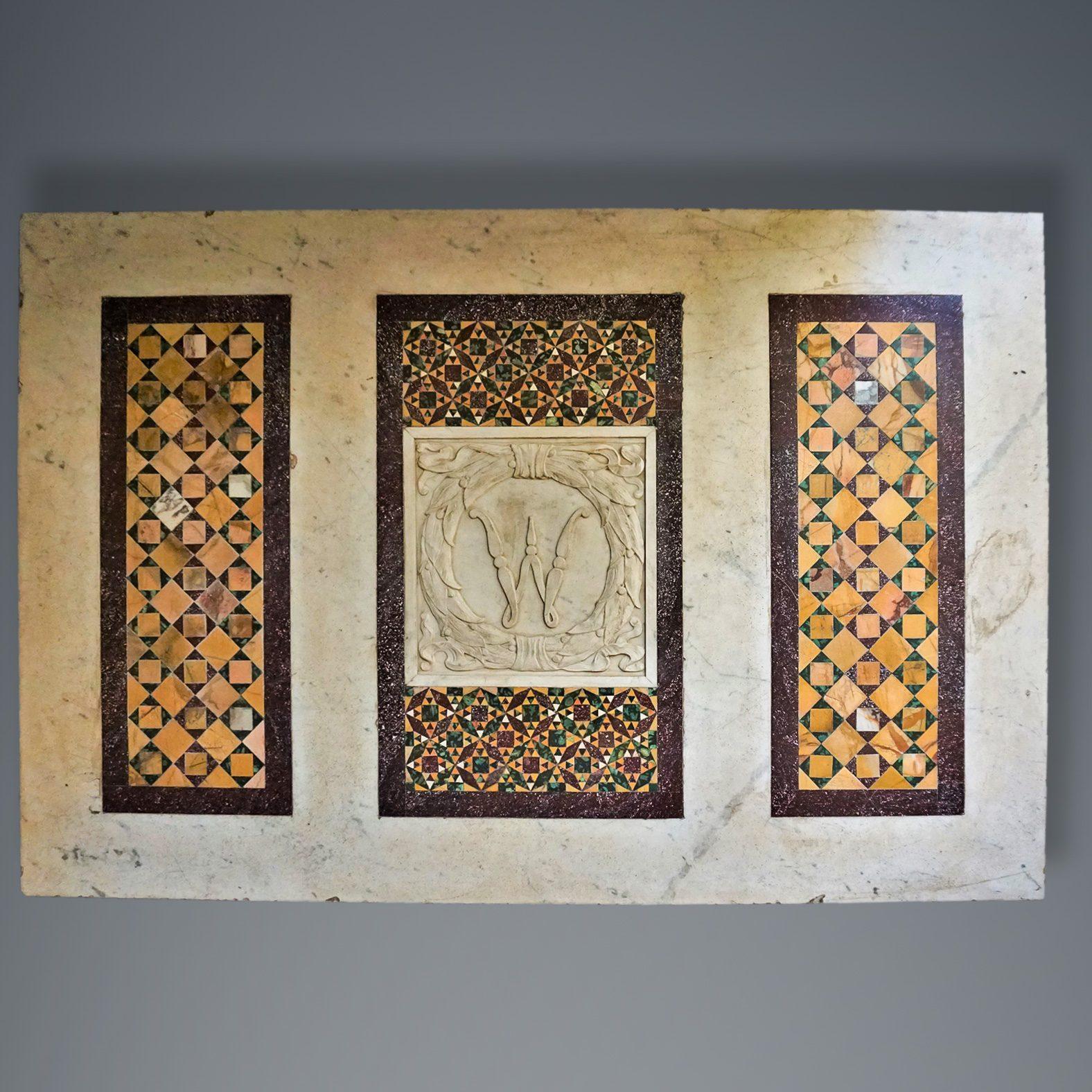 Italian Cosmatesque Top, Bas-Relief In White Marble And Porphyry For Sale