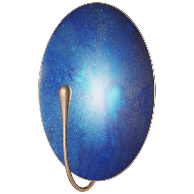 'Cosmic Azure' Indigo Blue Patina Brass Contemporary Wall Light, Sconce For Sale