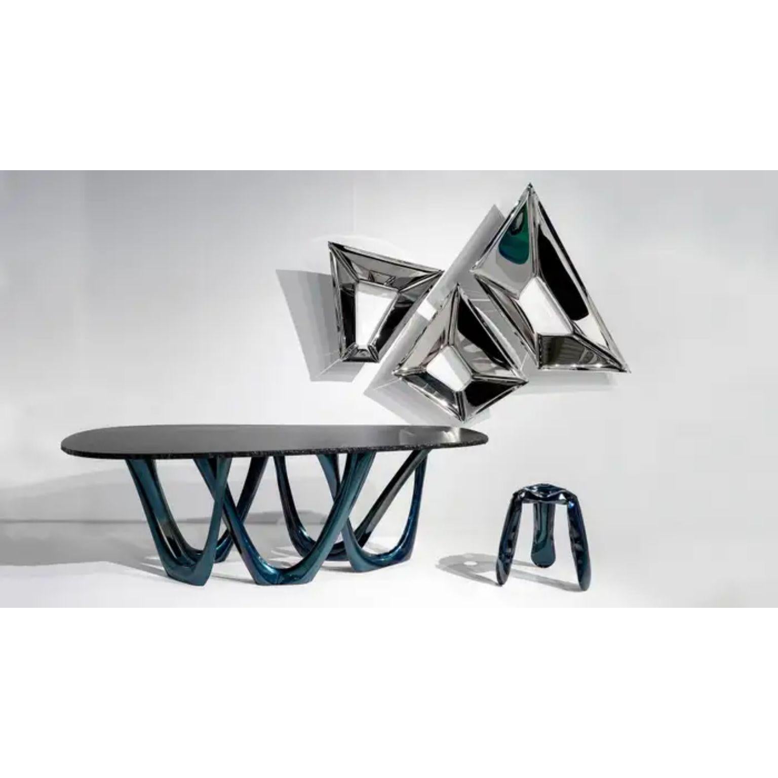 Cosmic Blue Cosmos Granite Sculptural G-Table by Zieta
Dimensions: D 120 x W 230 x H 75 cm. 
Materials: Stainless steel and granite. 
Finish: Cosmic blue.

Available in colors: Beige, Black/Brown, Black glossy, Blue-grey, Concrete grey, Graphite,