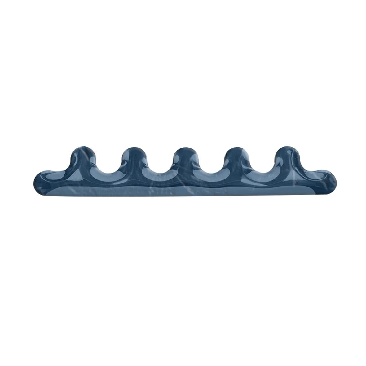 Cosmic Blue Kamm 5 coat hanger by Zieta
Dimensions: D 6 x W 77 x H 13 cm 
Material: Stainless steel. 
Finish: Thermal colored.
Available in colors: Beige Grey, Black Glossy, Graphite, Stainless Steel, White Glossy, Flamed Gold, and Cosmic Blue. Also