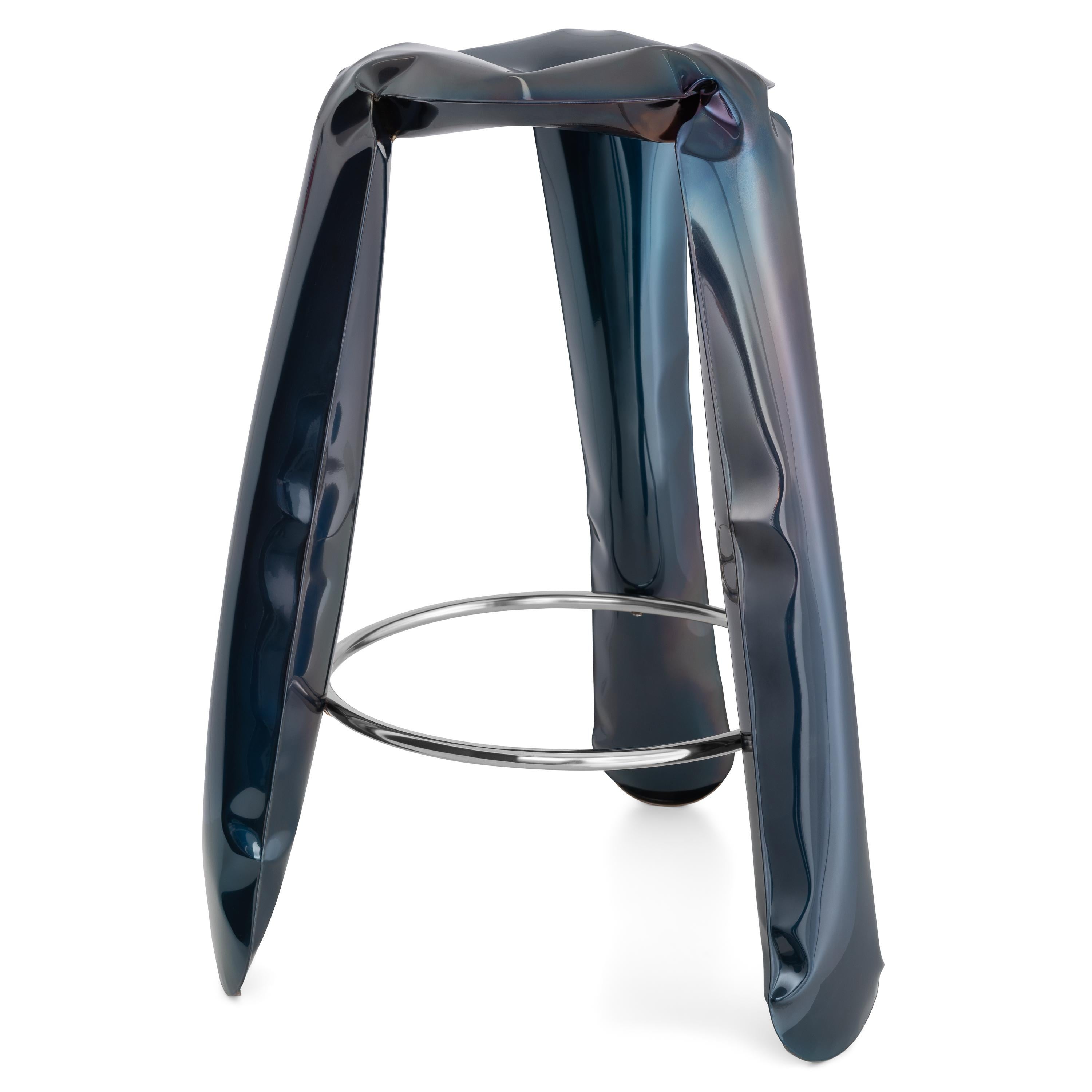 Cosmic Blue Steel Bar Plopp stool by Zieta
Dimensions: D 35 x H 75 cm 
Material: Stainless steel, carbon steel. 
Finish: Thermal colored.
Available in colors: Beige, black, white, blue, graphite, moss, umbra gray, flaming gold, and cosmic blue.