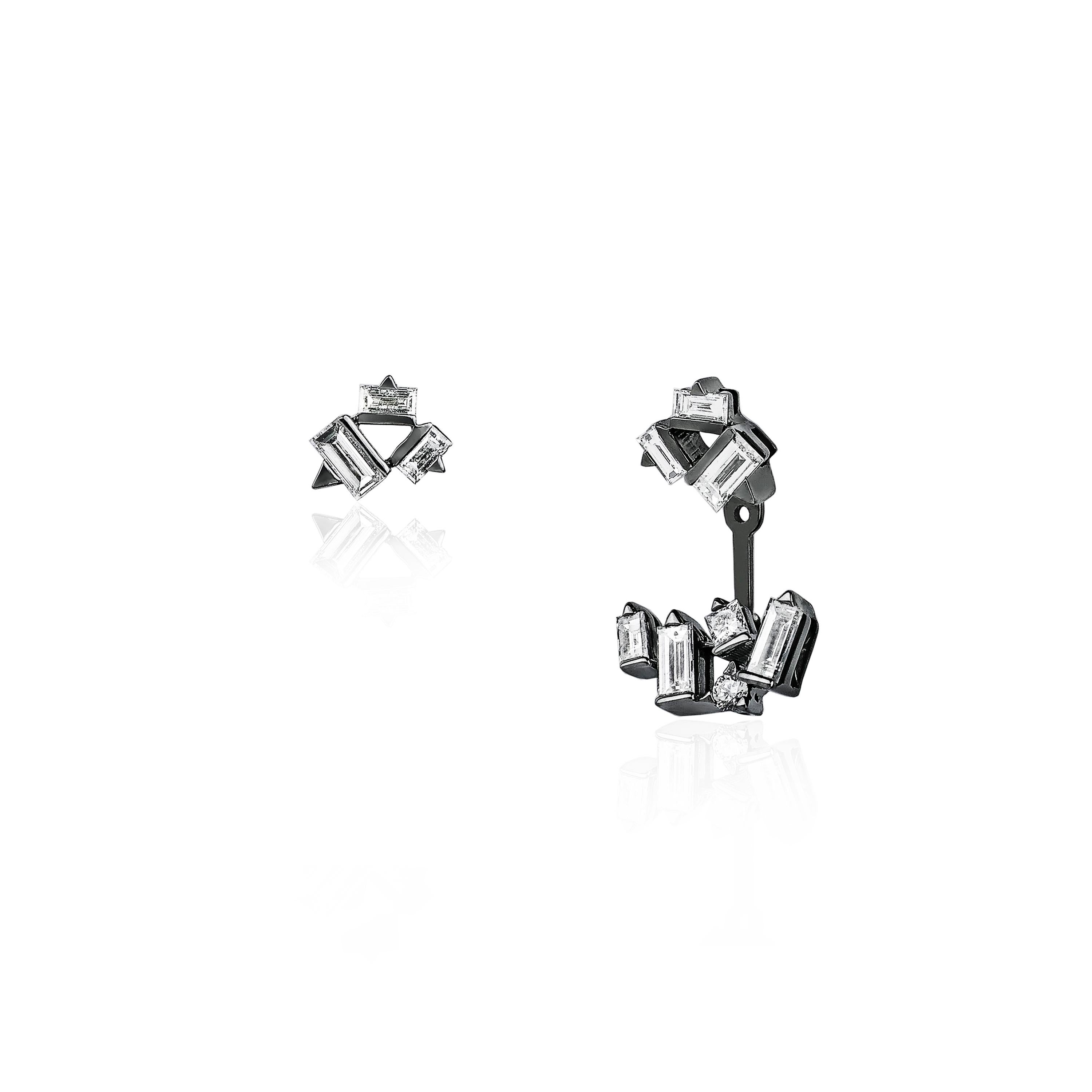 Baguette Cut Cosmic Diamond Cluster Earrings For Sale