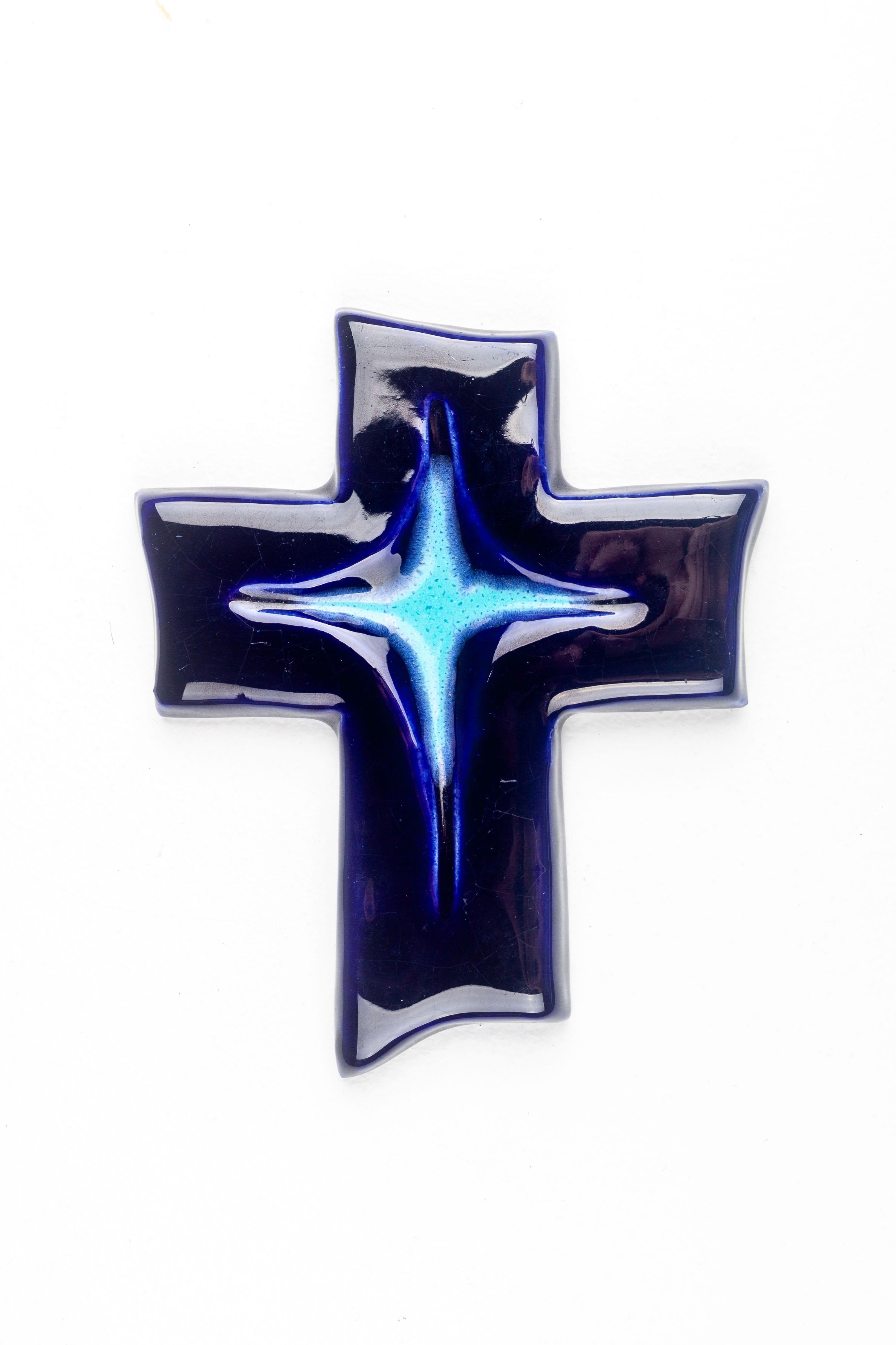 Cosmic Midnight Blue Mid-Century Ceramic Cross For Sale 1