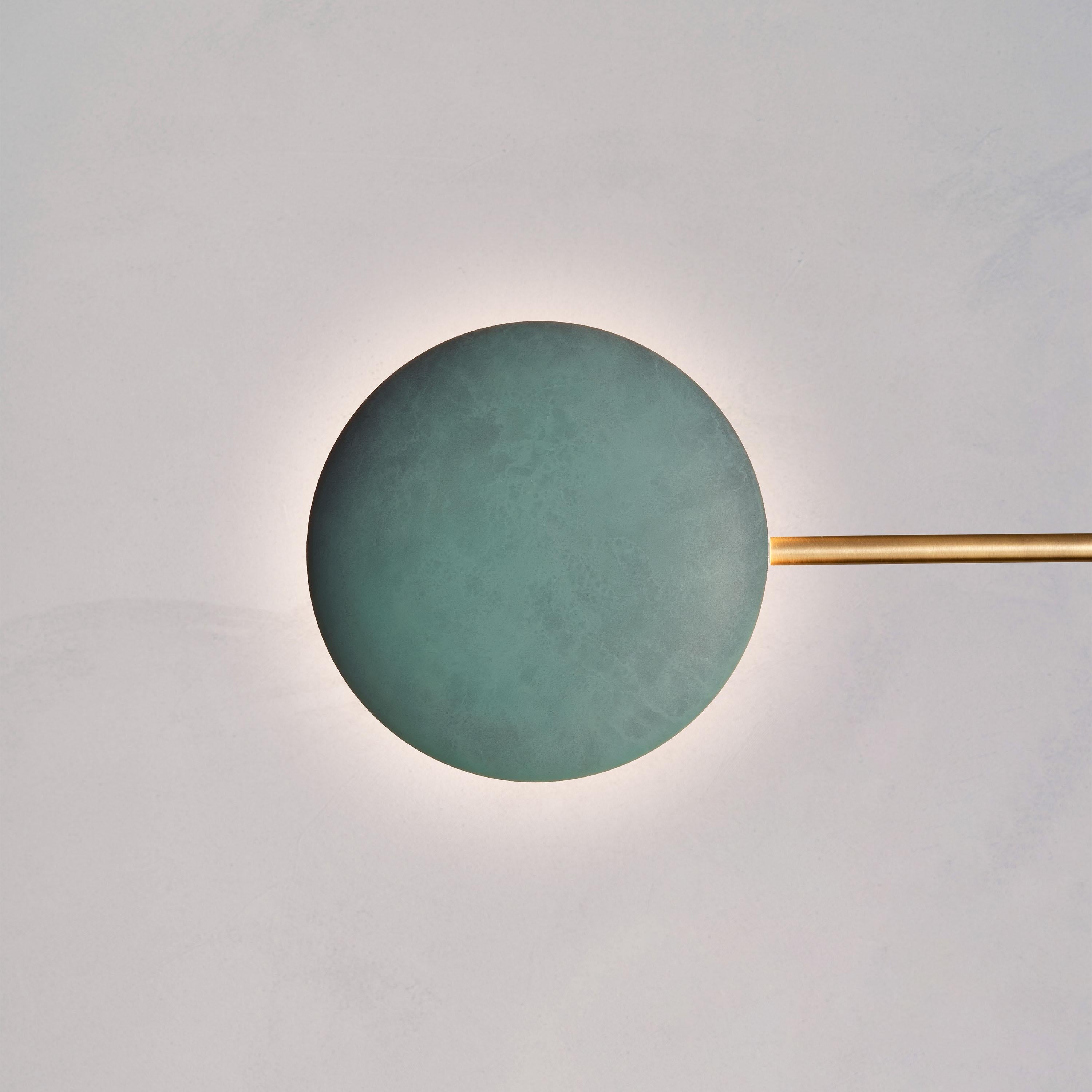 'Cosmic Orbit Solo Verdigris' Handmade Verdigris Patinated Brass Ceiling Light In New Condition For Sale In London, GB