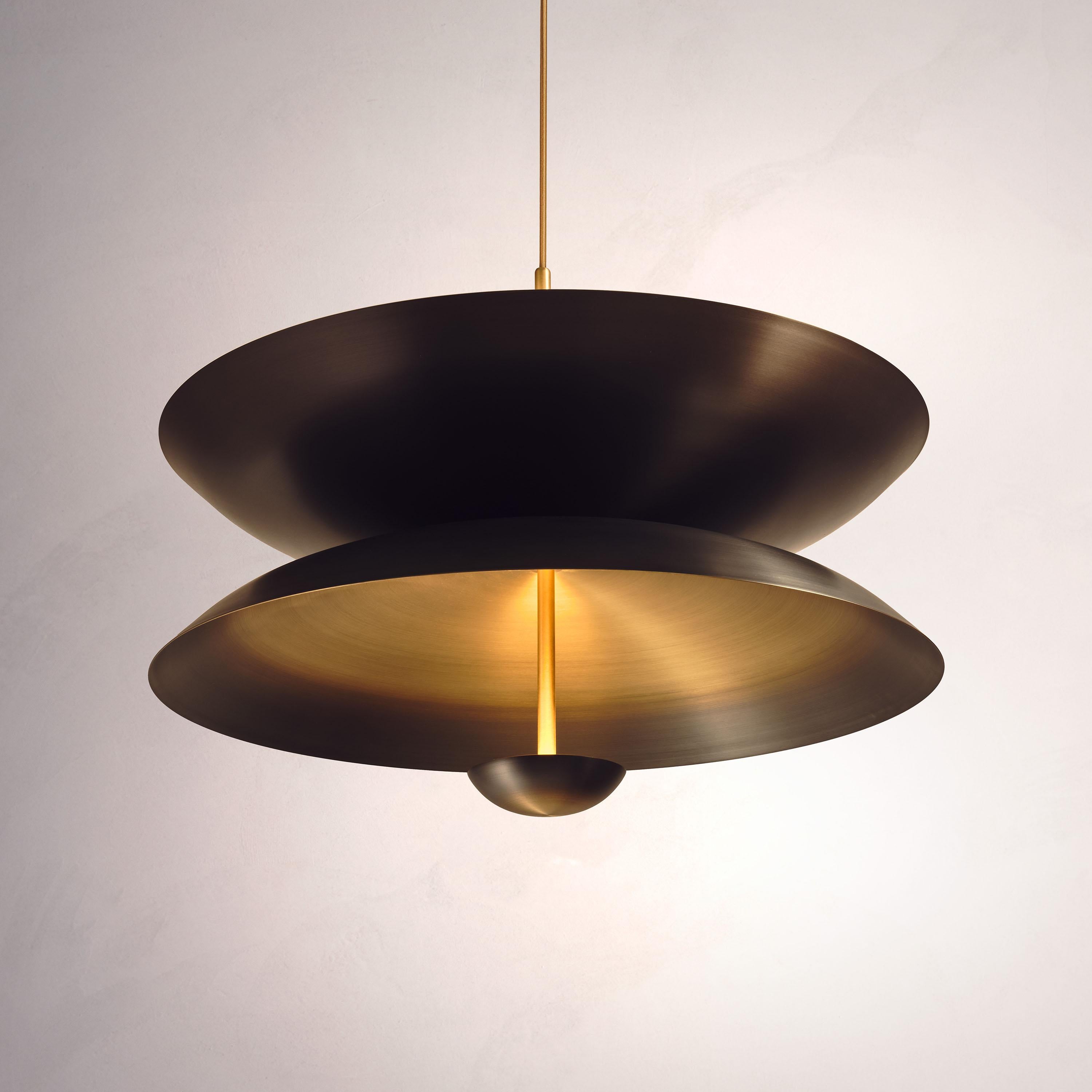 Organic Modern 'Cosmic Pendant Duo Regolith 100' Black Patina & Gradient Brass Ceiling Lamp For Sale