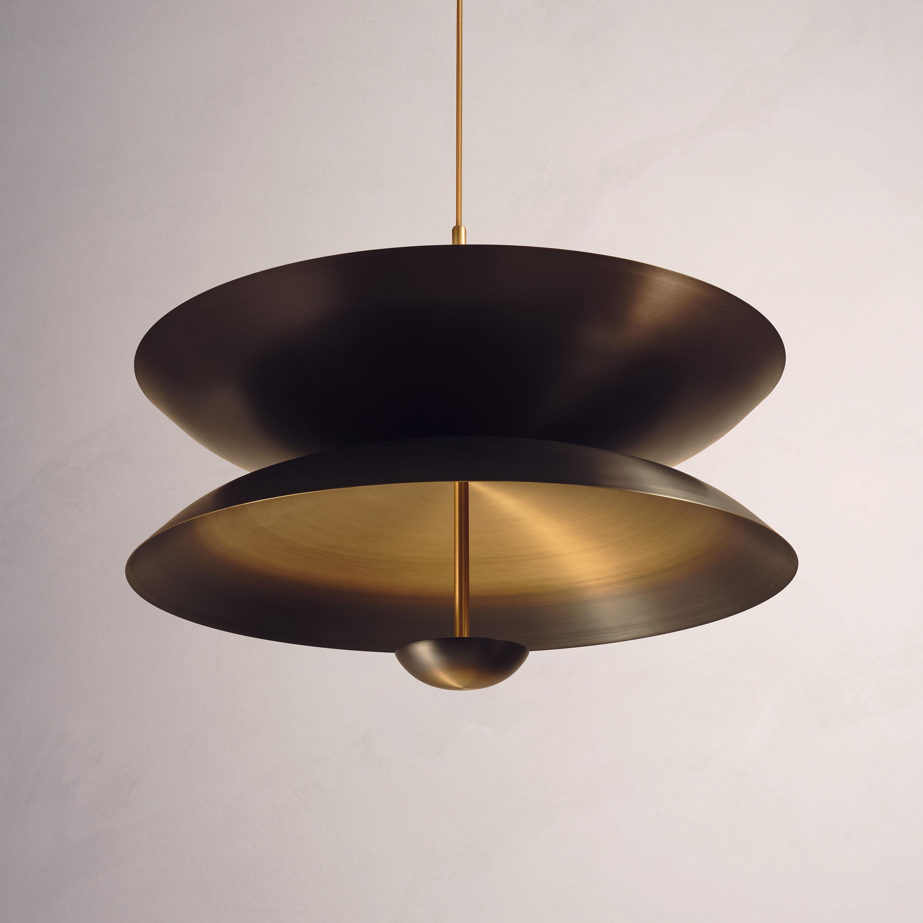 English 'Cosmic Pendant Duo Regolith 100' Black Patina & Gradient Brass Ceiling Lamp For Sale