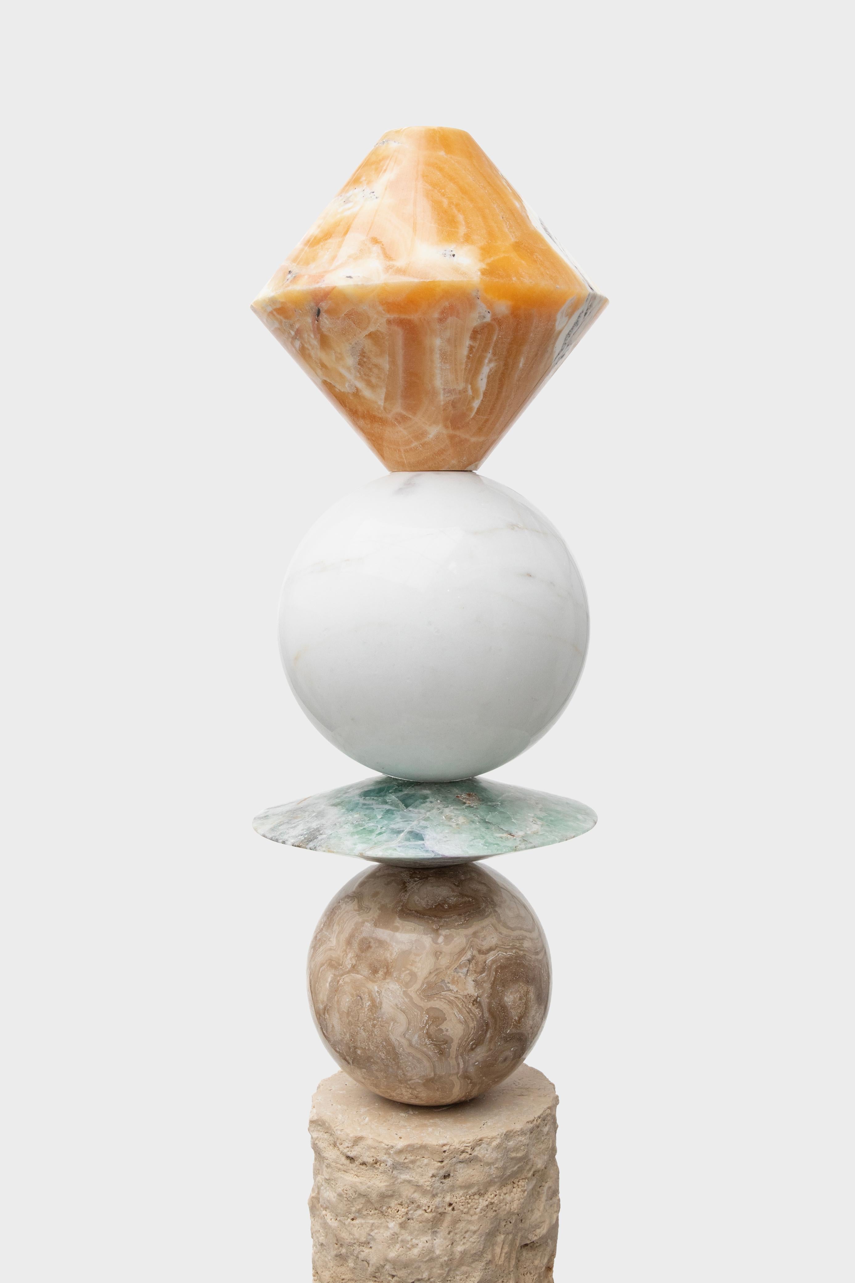 Materials: Lava stone, pink onyx, blue calcite, travertine marble, brown onyx, fluorite, golden calacatta marble, pineapple onyx, stainless steel
Indoors and outdoors
Cosmic Relics totems are limited edition of 8 + 2AP. Each sculpture has a