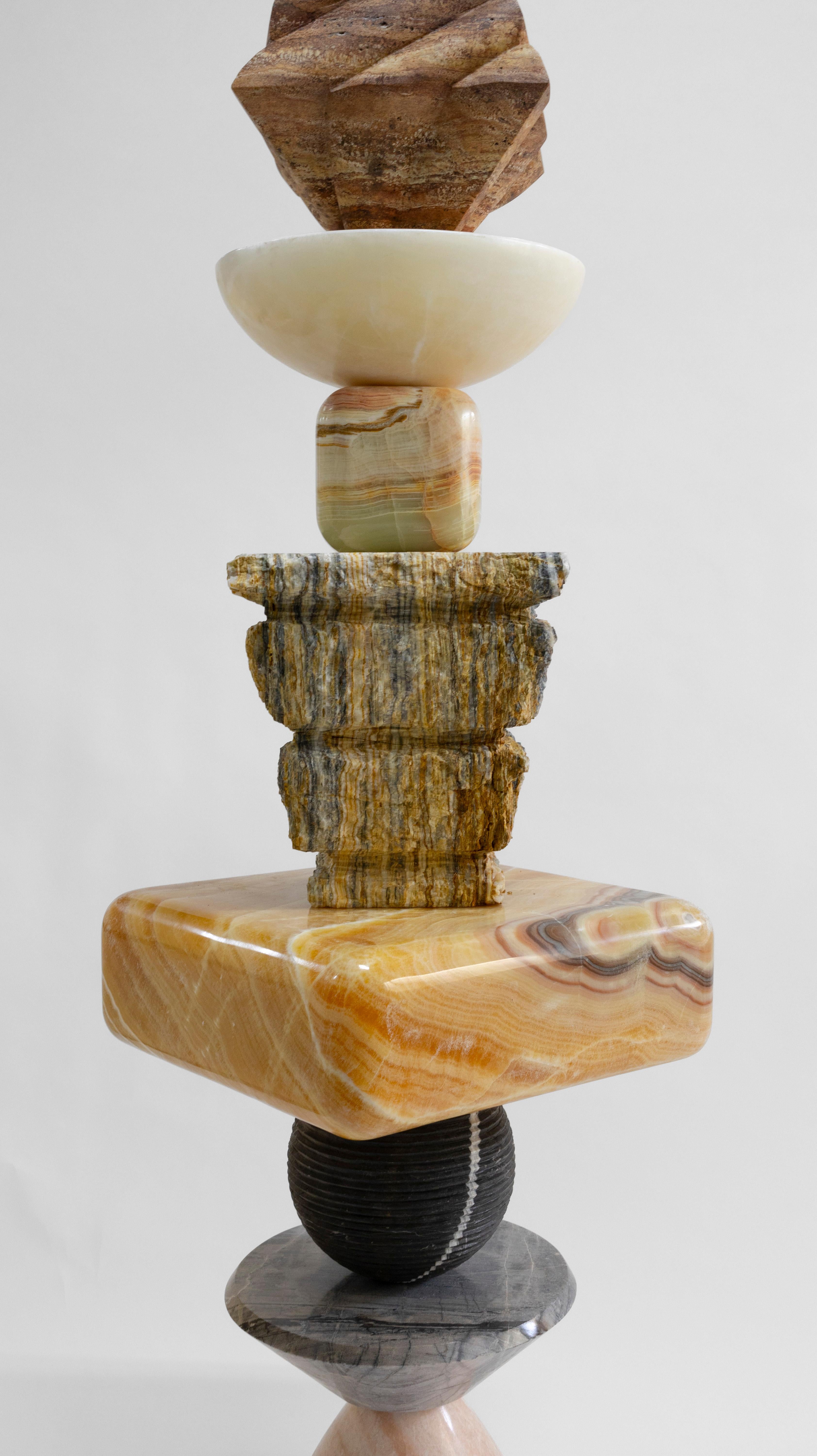Materials: Pink marble, Sky blue marble, Queretaro black marble, pineapple onyx, blue and golden onyx, olive green onyx, white onyx, red travertine.
Cosmic Relics totems are limited edition of 8 + 2AP, unique variations; each sculpture has a