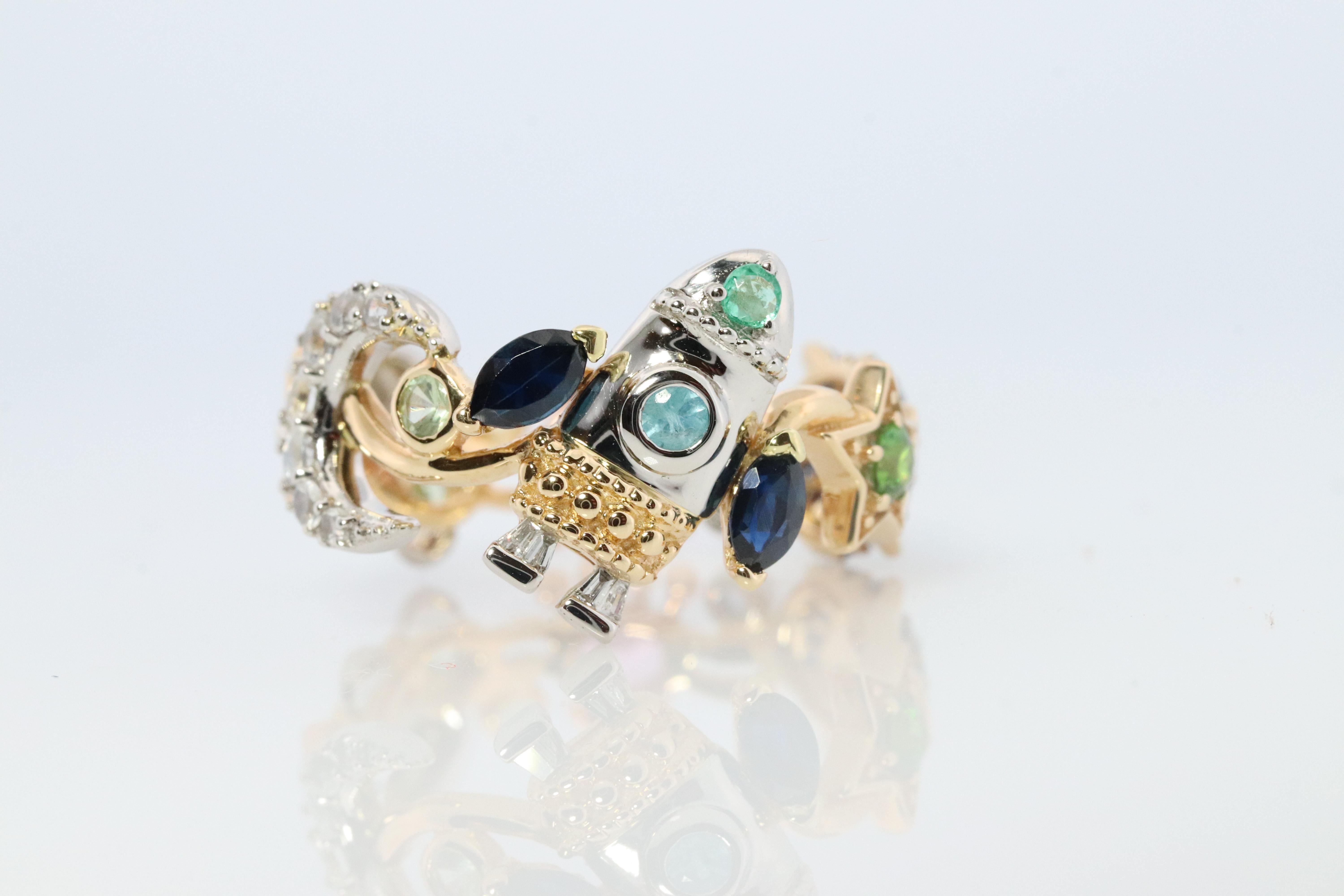 Cosmic ring. 18k and Platinum Rocket Space Planetary theme band. For Sale 3