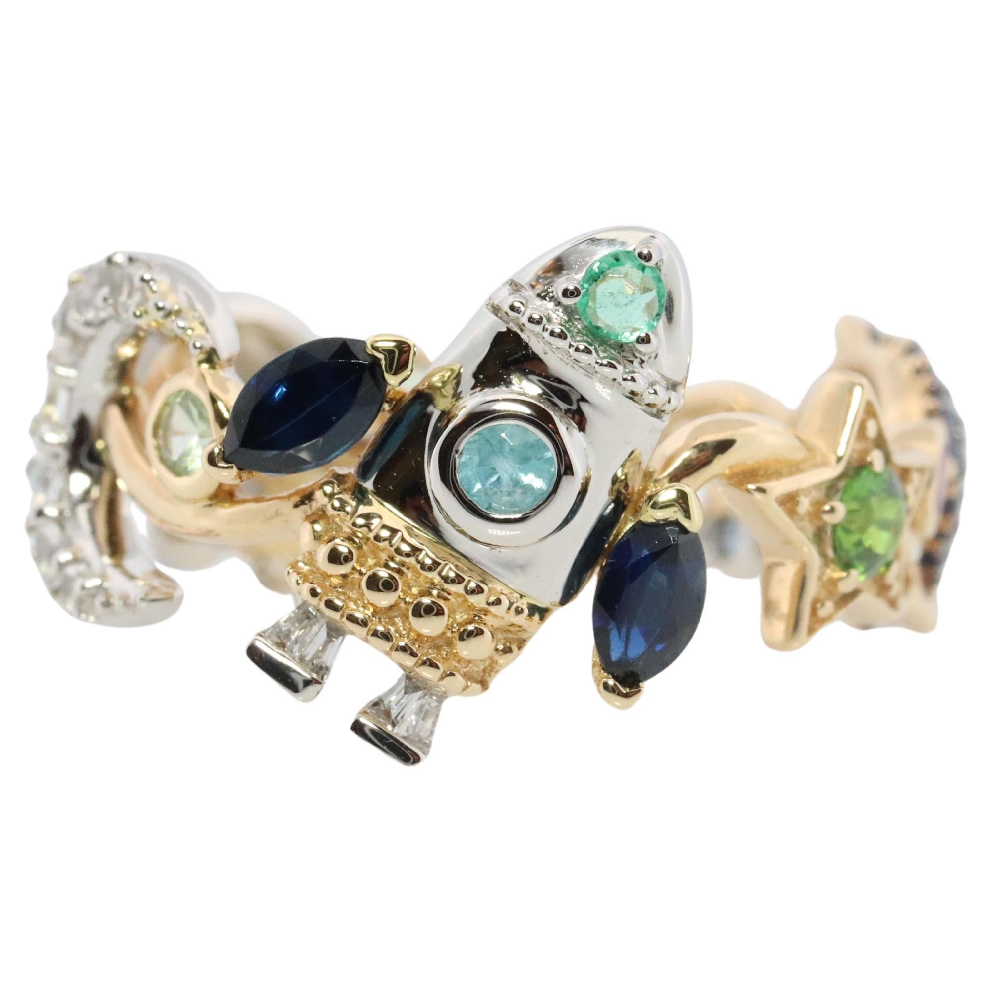 Cosmic ring. 18k and Platinum Rocket Space Planetary theme band. For Sale