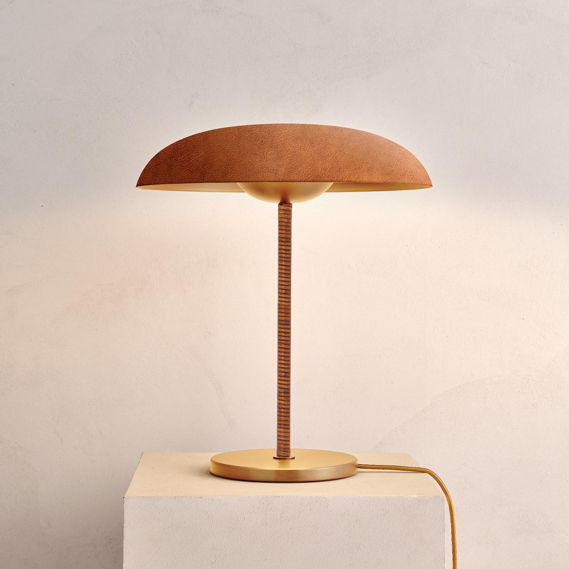 Organic Modern 'Cosmic Solstice Caramel' Table Lamp, Handmade Leather Wrapped Brass Table Light For Sale