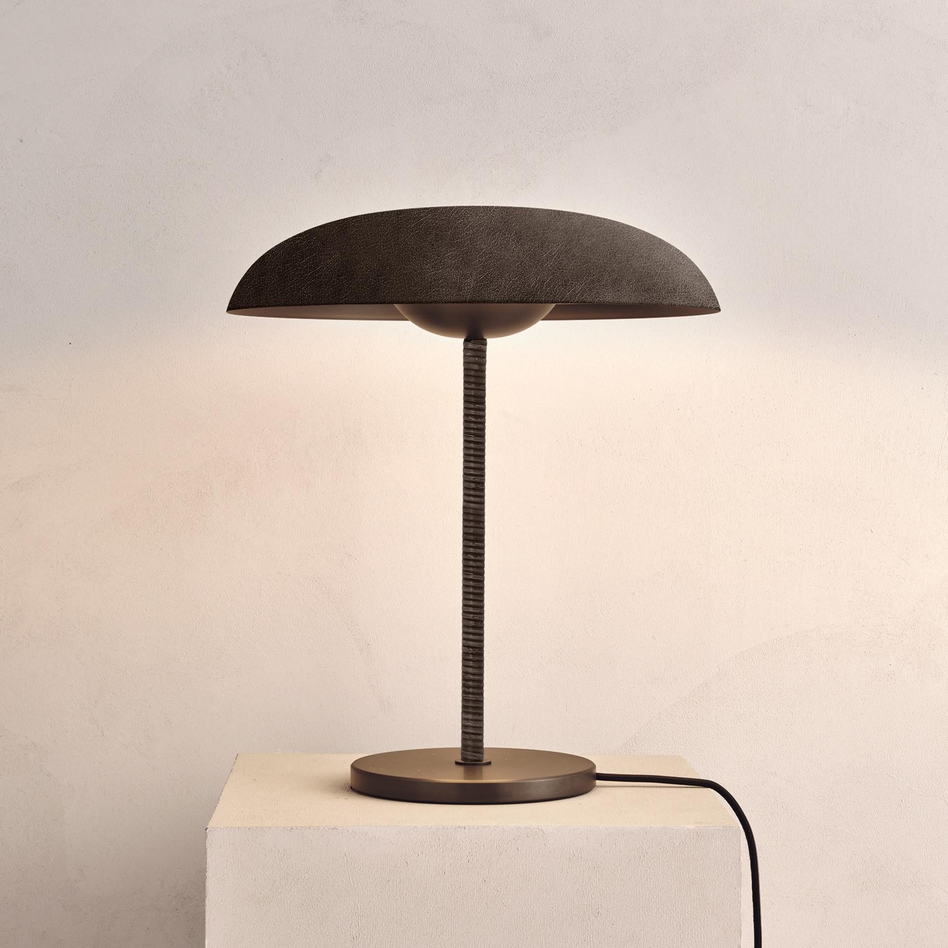 Organic Modern 'Cosmic Solstice Phantom' Table Lamp, Handmade Leather Wrapped Brass Table Light For Sale
