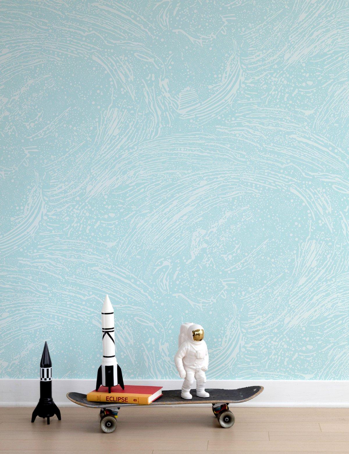 Cosmic Splash Designer Wallpaper in Ionic 'Pale Blue and Aqua' In New Condition For Sale In Brooklyn, NY