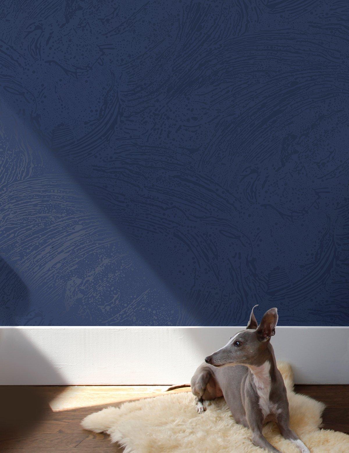 Cosmic Splash Designer Wallpaper in Lapis 'Clear Gloss on Indigo' In New Condition For Sale In Brooklyn, NY