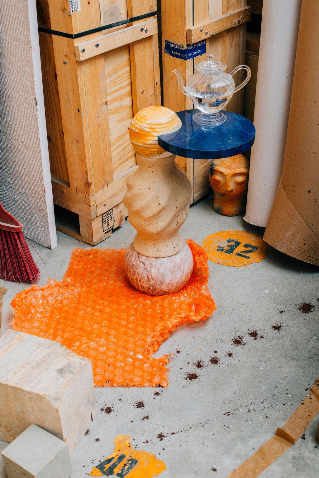 Hand-Crafted Cosmic Traces 7 - Sten Studio - Lapisaluzi and travertine, limited edition of 15 For Sale