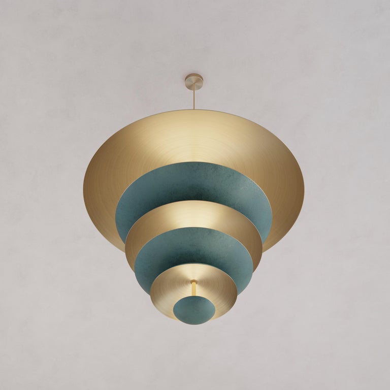 English 'Cosmic Verdigris' Chandelier XL 70, Verdigris Patina Brass Ceiling Lamp Pendant For Sale