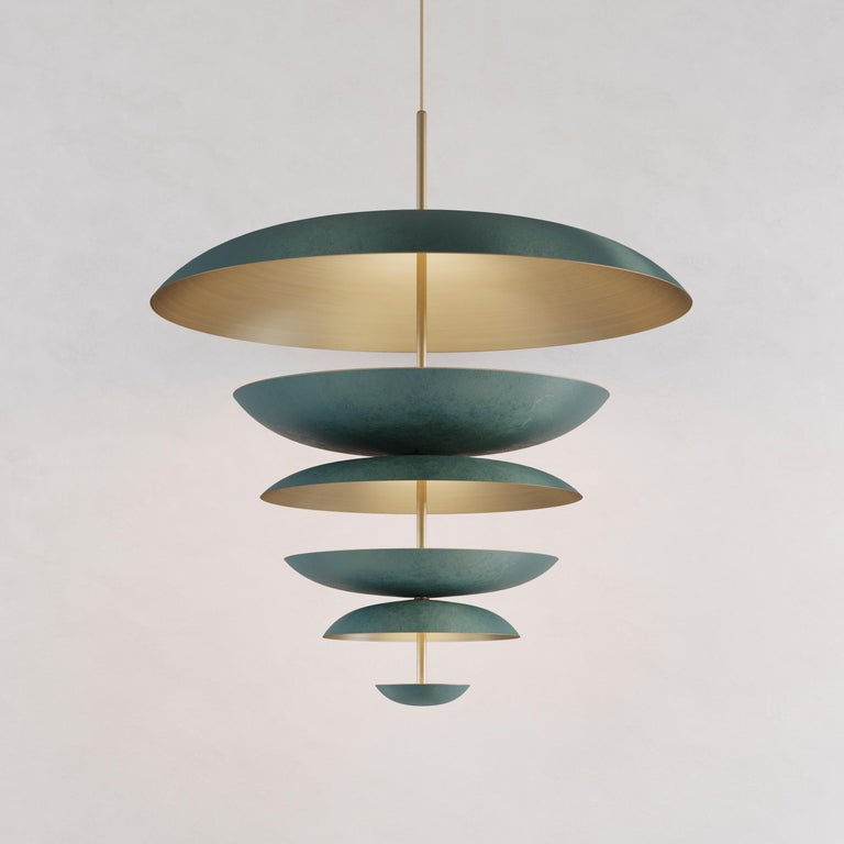 Brushed 'Cosmic Verdigris' Chandelier XL 70, Verdigris Patina Brass Ceiling Lamp Pendant For Sale