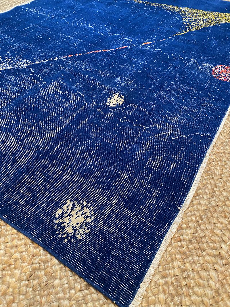 100% wool Turkish Rug, designed by Scandinavian couple, circa 1960’s. Charming colors and abstract design — could be a mountain top, shooting stairs.

4’10″x 7′

12604