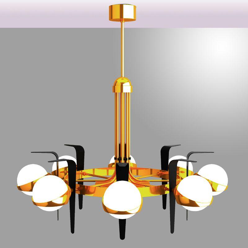 A stunning chandelier from the iconic Cosmica series of splendid lighting fixtures, this design embodies a striking and singular combination of clean geometric lines. Showcasing a futuristic-like appearance, it is handcrafted of gold-finished brass