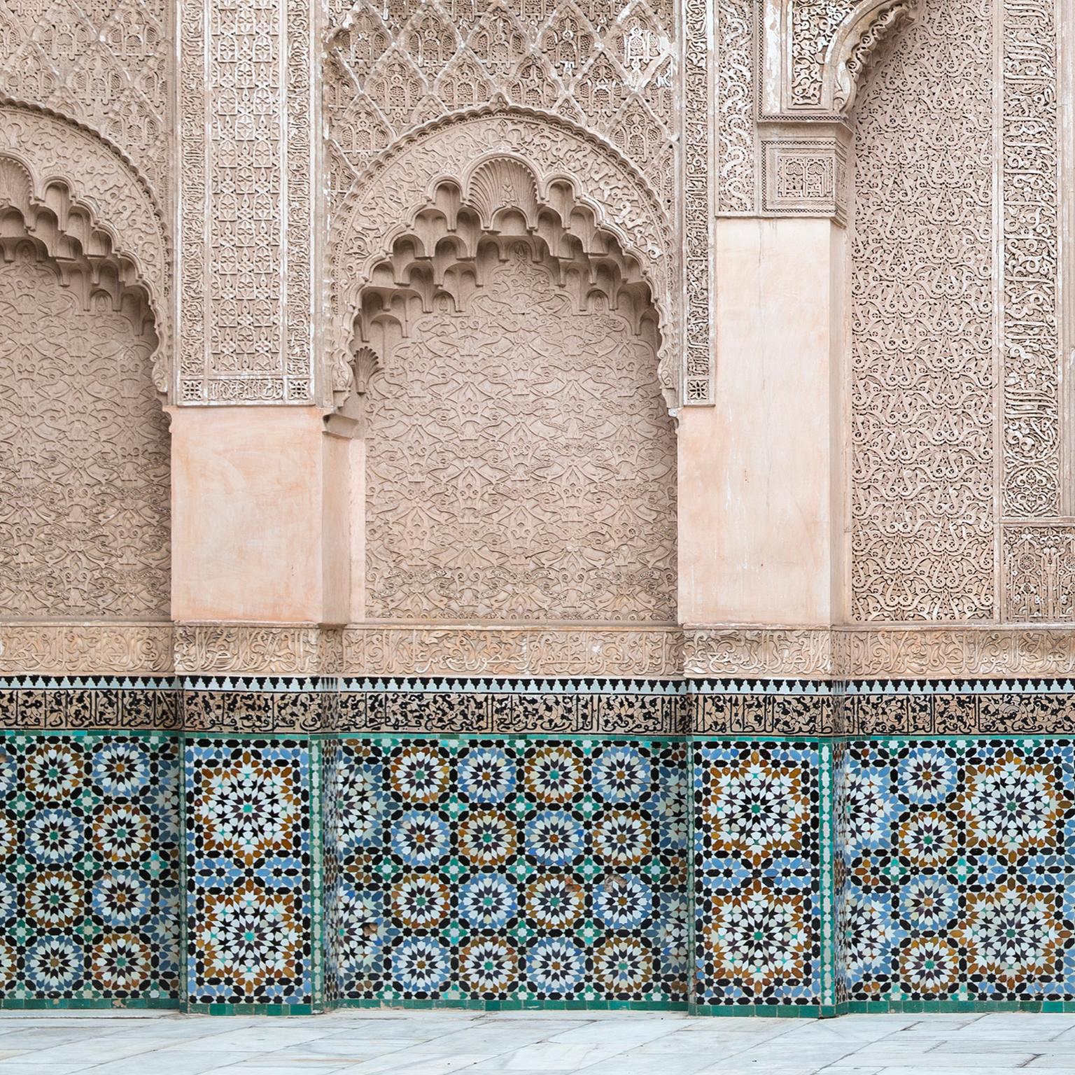 Islamic architectural detail of the Madrasa courtyard, Fez, Morocco, 2016
Photograph by Cosmo Condina. Courtyard of the Madrasa.
Archival pigment print 19 X 12.6 in.  Edition of 10. This is # 3/10 in the edition.

The Ben Youssef Madrasa is one of