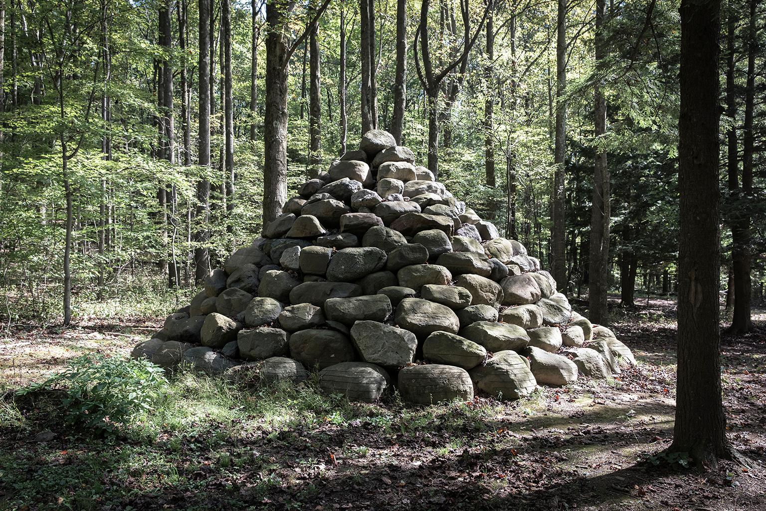  Cosmo Condina Landscape Photograph - Stone Cairn Sculpture in Forest,  USA, 2016