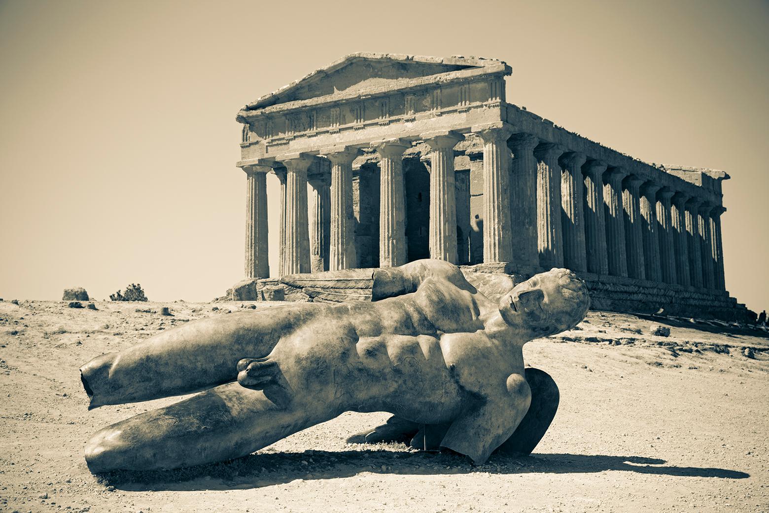 The Fallen Icarus, Temple of Concord, Agrigento, Sicily, 2017 - Beige Landscape Photograph by Cosmo Condina