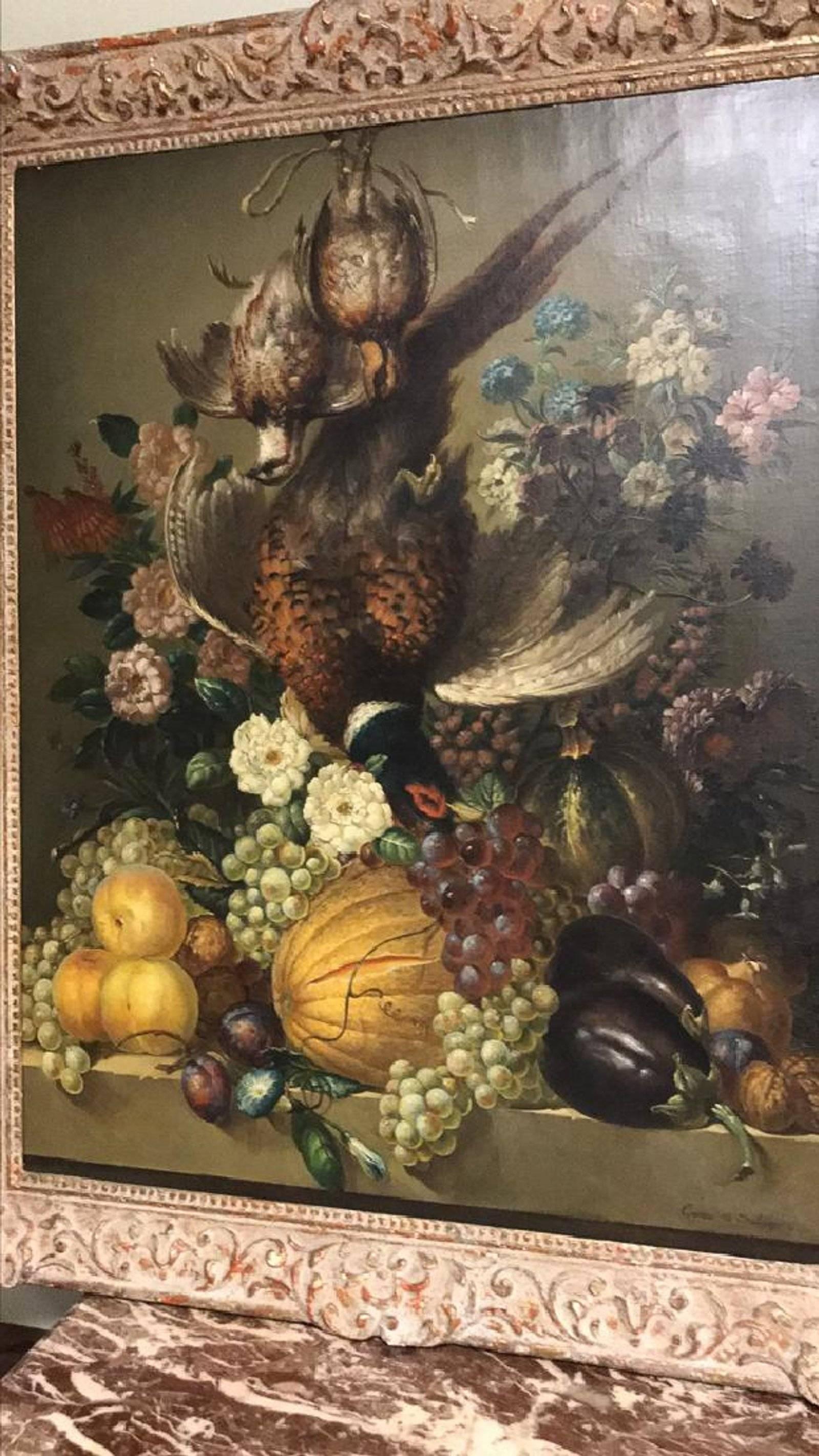 Cosmo De Salvo (American, 1893-1991), superior companion pair of oil on canvas still life scenes, one depicting a colorful floral arrangement, the other with floral arrangement and wild game, signed.

Outstanding detail!

Excellent restored