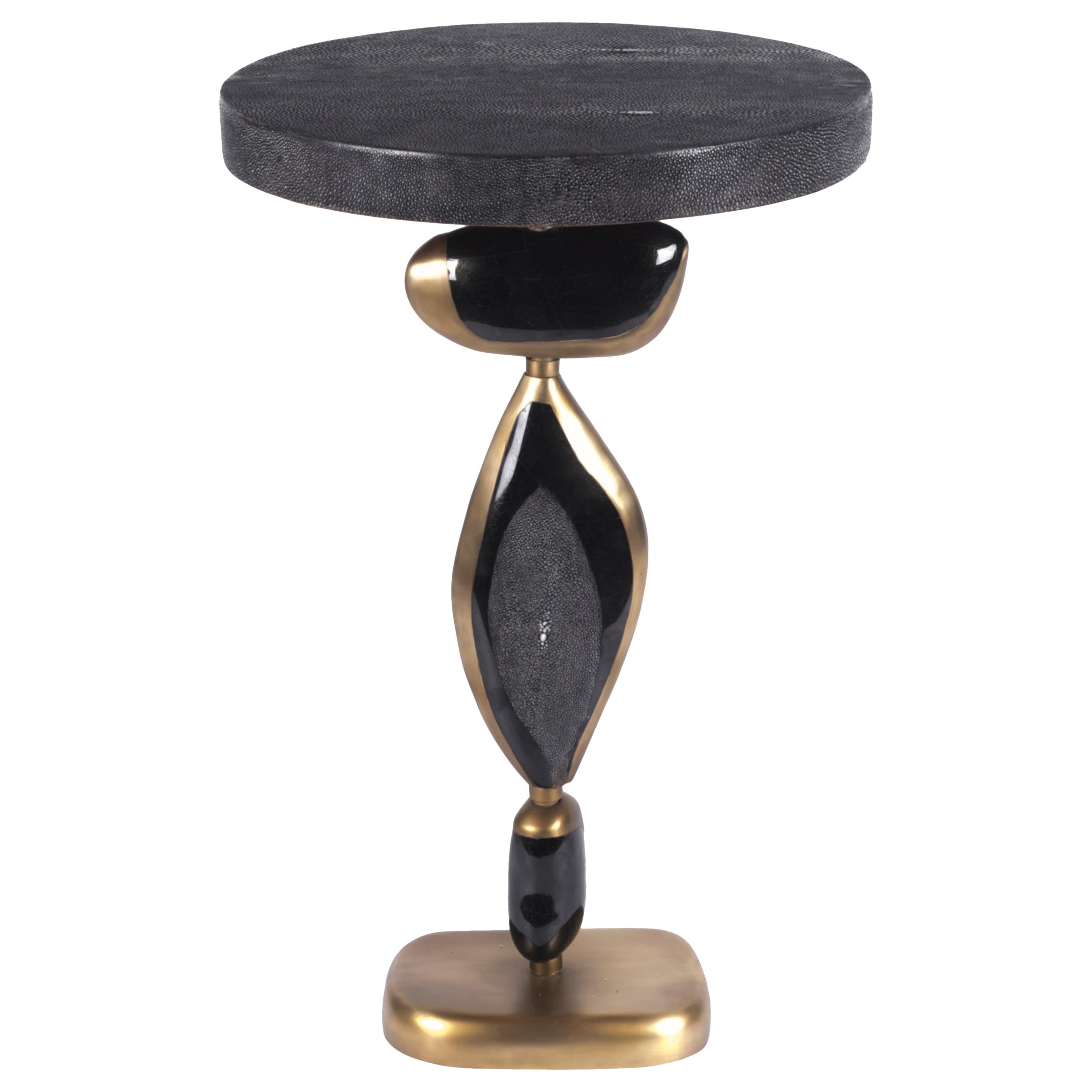 Cosmo II Side Table, Black Shagreen, Shell and Bronze-Patina Brass by Kifu Paris