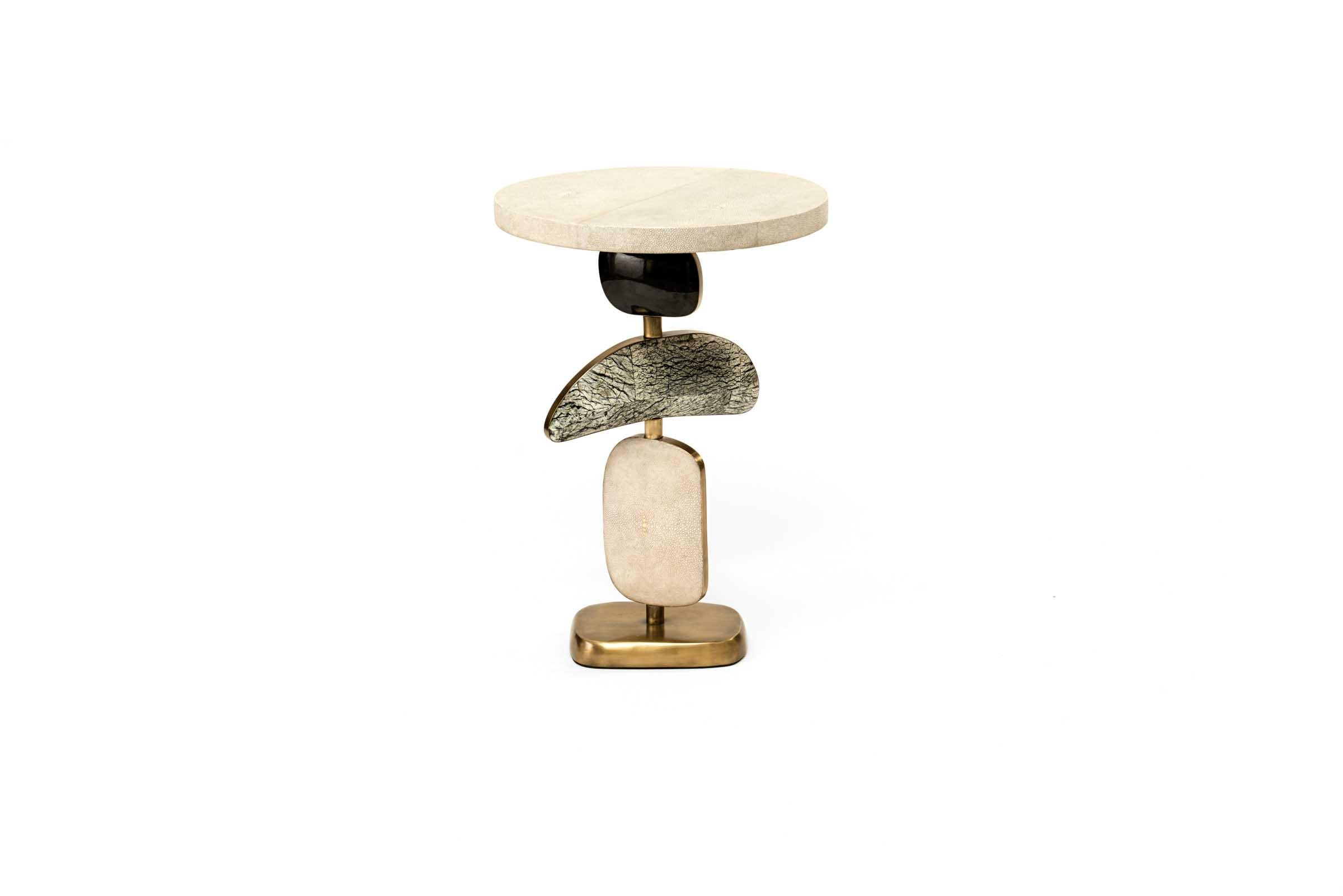 French Cosmo Side Table, Blue Shagreen, Stone and Bronze-Patina Brass by Kifu, Paris For Sale