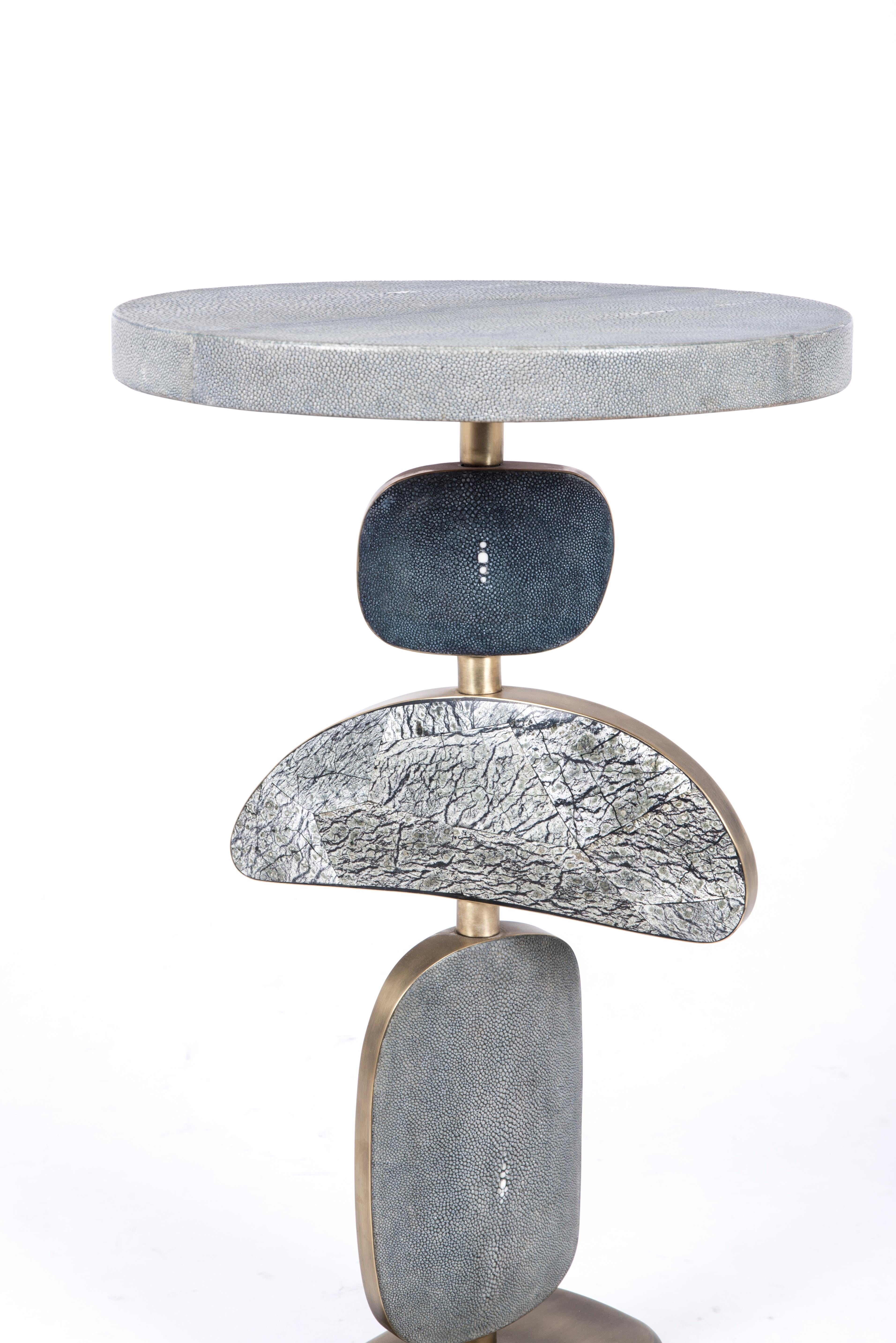Art Deco Cosmo Side Table in Cream Shagreen, Stone and Bronze-Patina Brass by Kifu, Paris