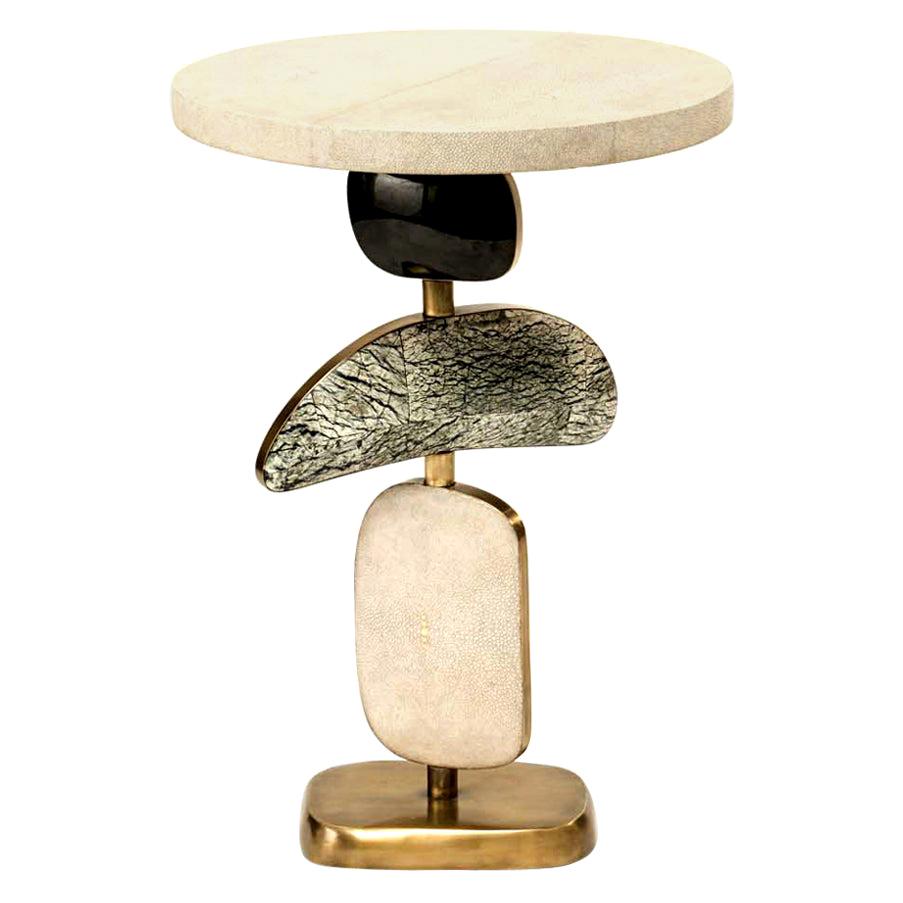 Cosmo Side Table in Cream Shagreen, Stone and Bronze-Patina Brass by Kifu, Paris