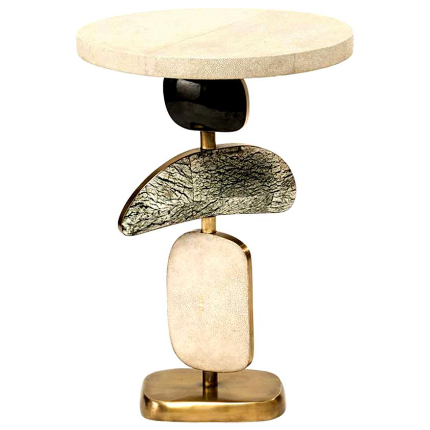 Cosmo Side Table in Cream Shagreen, Stone and Bronze-Patina Brass by Kifu, Paris