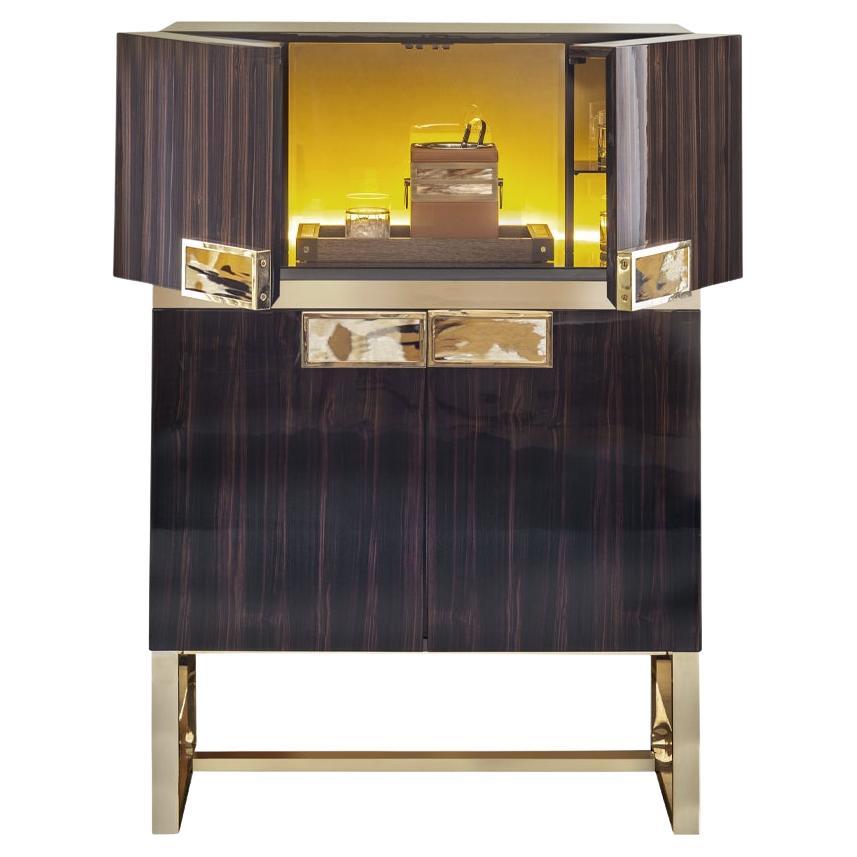 Cosmopolitan Bar Cabinet in Ebony Veneer, Horn & Gold-Plated Brass by Arcahorn