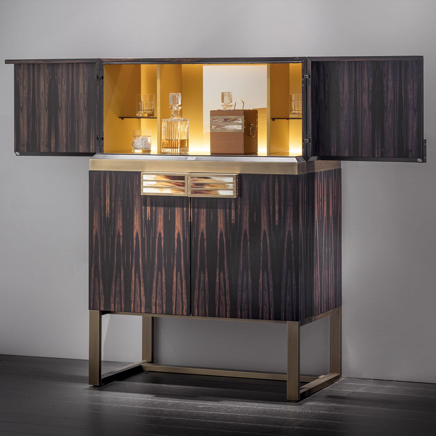 Una magnifica aggiunta a una casa moderna, dove sarà accattivante e funzionale allo stesso tempo, questo mobile bar poggia su una struttura in ottone brunito con angoli curvi. Il pezzo è in prezioso ebano macassar con vernice opaca. Il suo elemento