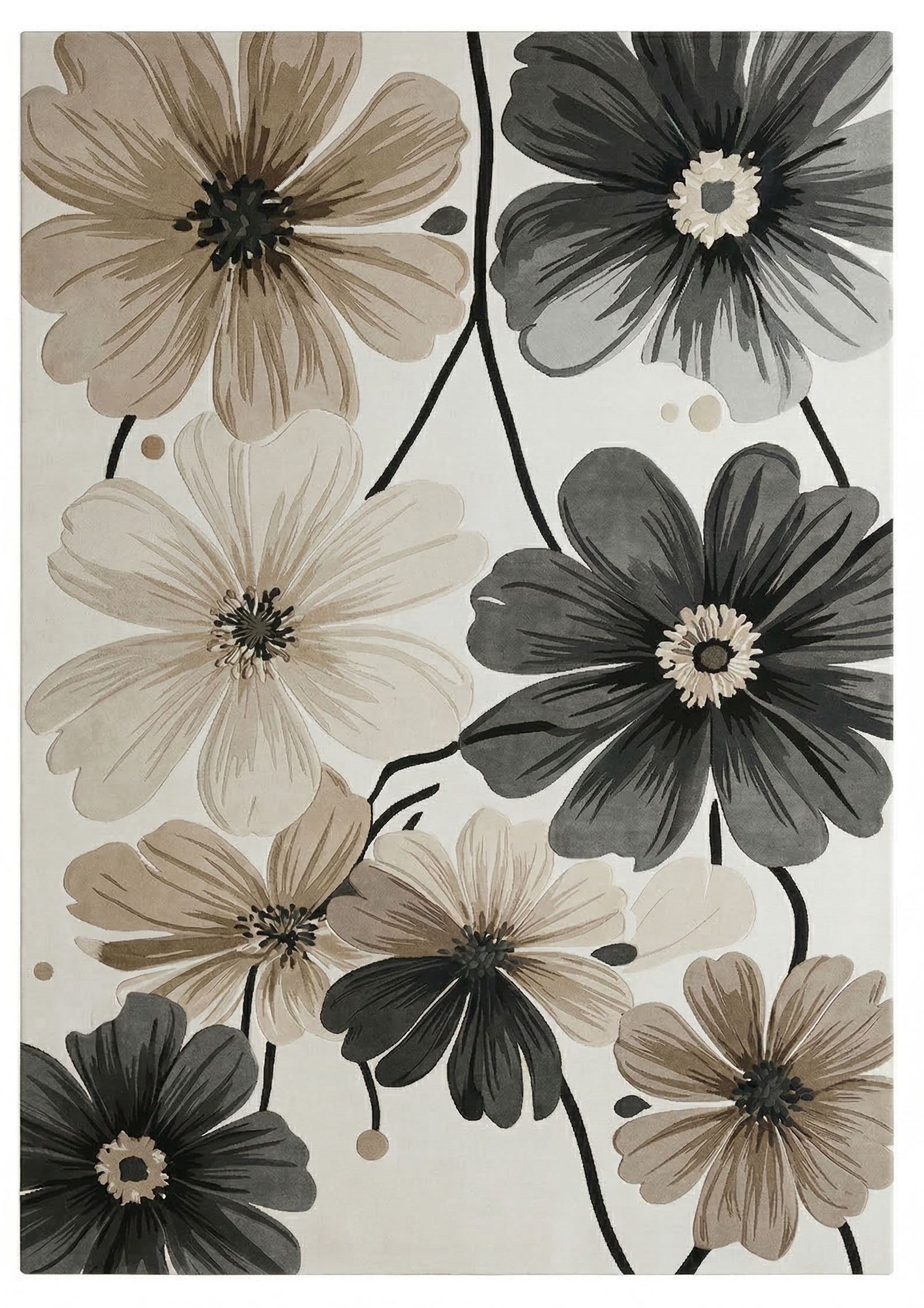 Cosmos Bloom New Zealand Wool Hand-Tufted Rug – Ivory Charcoal Bloom Design For Sale