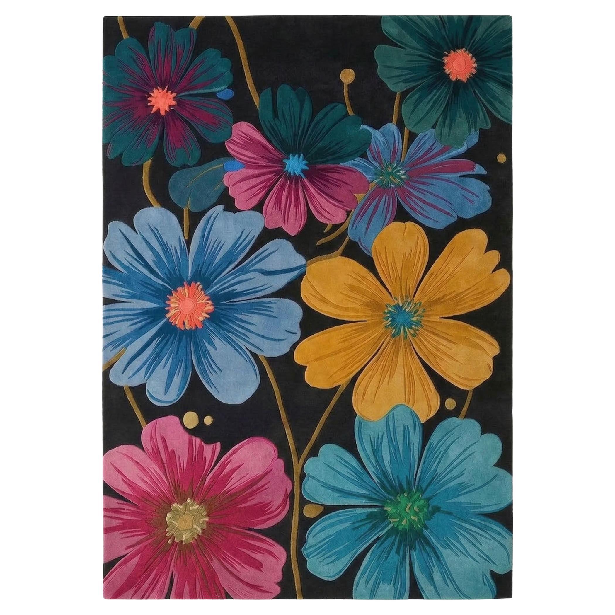 Cosmos Bloom New Zealand Wool Hand-Tufted Rug – Midnight Garden Floral Design