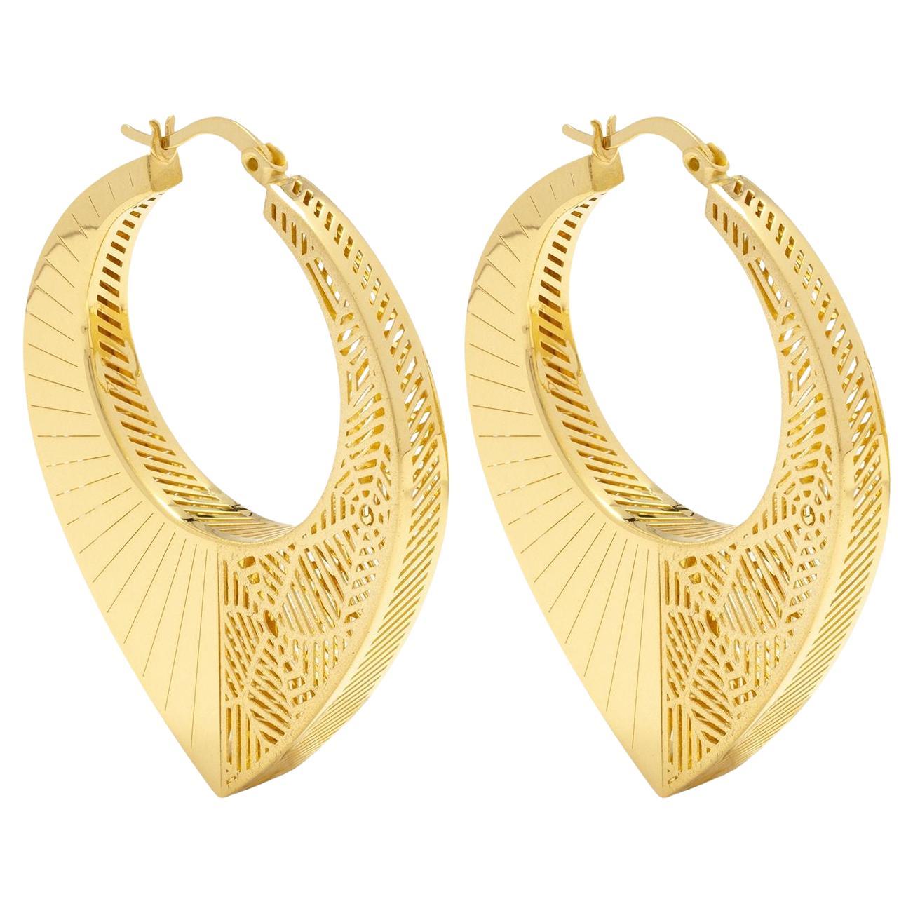 Cosmos Large 14K Solid Gold Hoop Earrings, Handcrafted Geometric Filigree Design For Sale