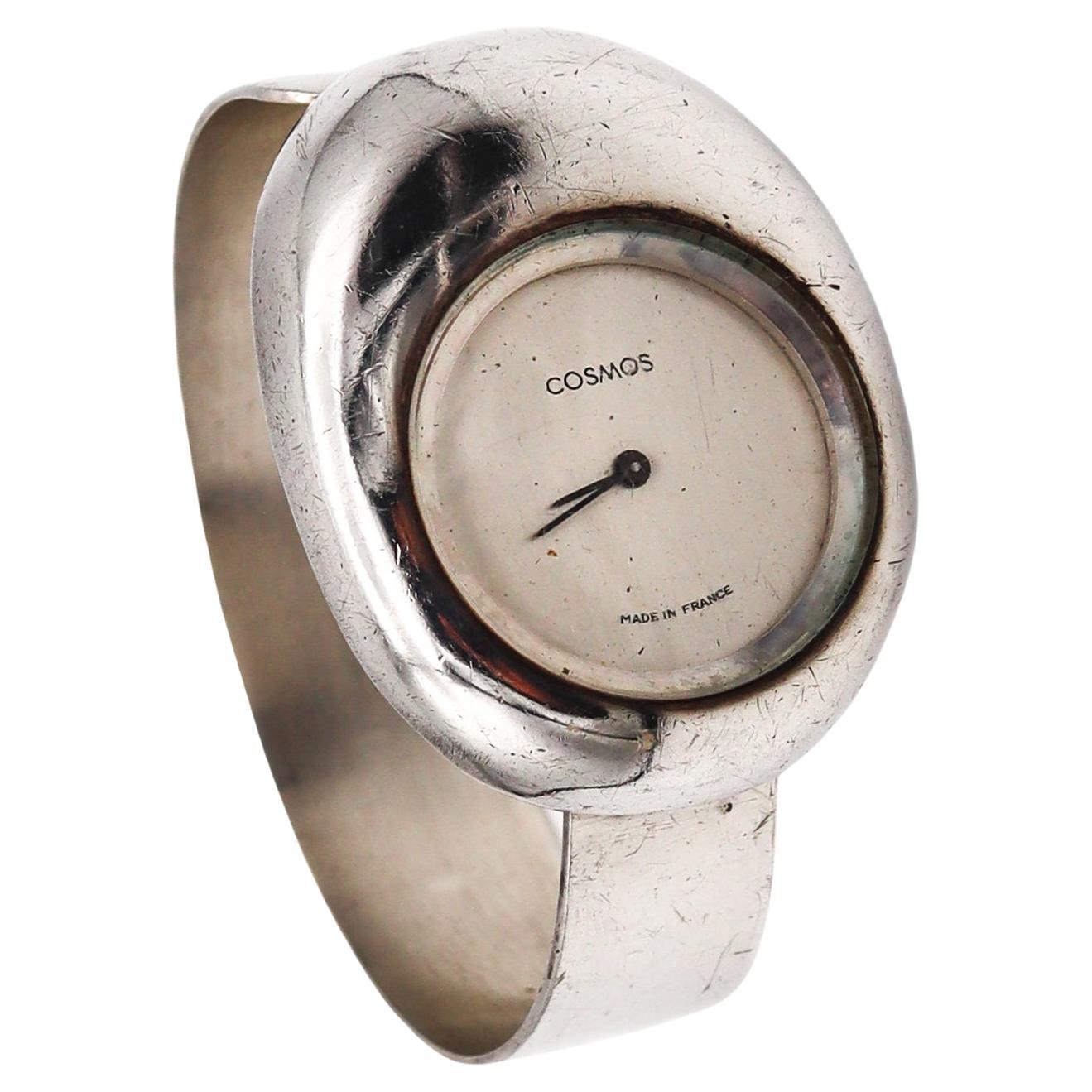 Cosmos Paris 1970 French Retro Space Era Wrist Watch Cuff Bracelet .925 Sterling For Sale